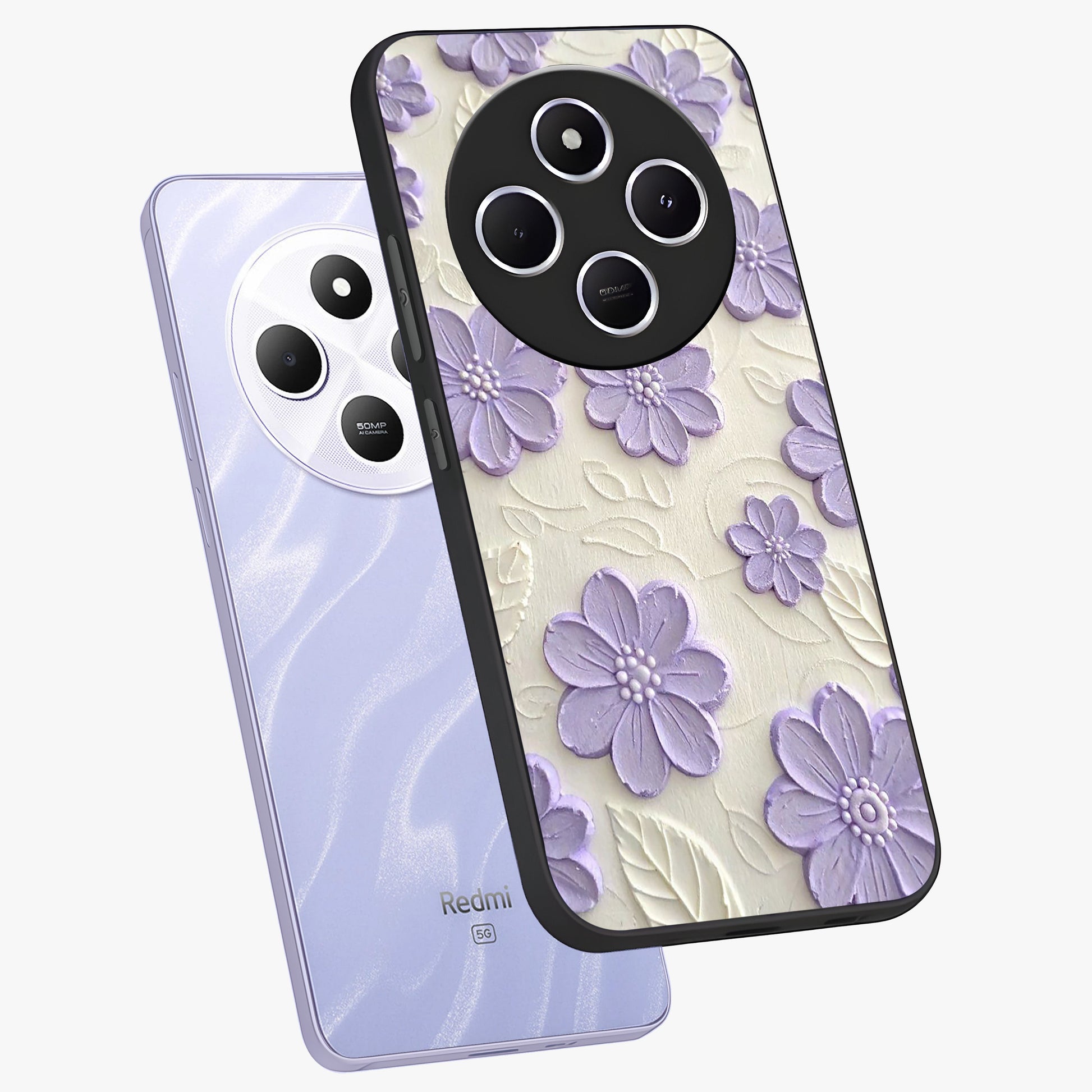 Floral Wall Art With Purple Flowers Glass Case displayed in angled mockup highlighting vibrant purple floral illustration with artistic aesthetic.