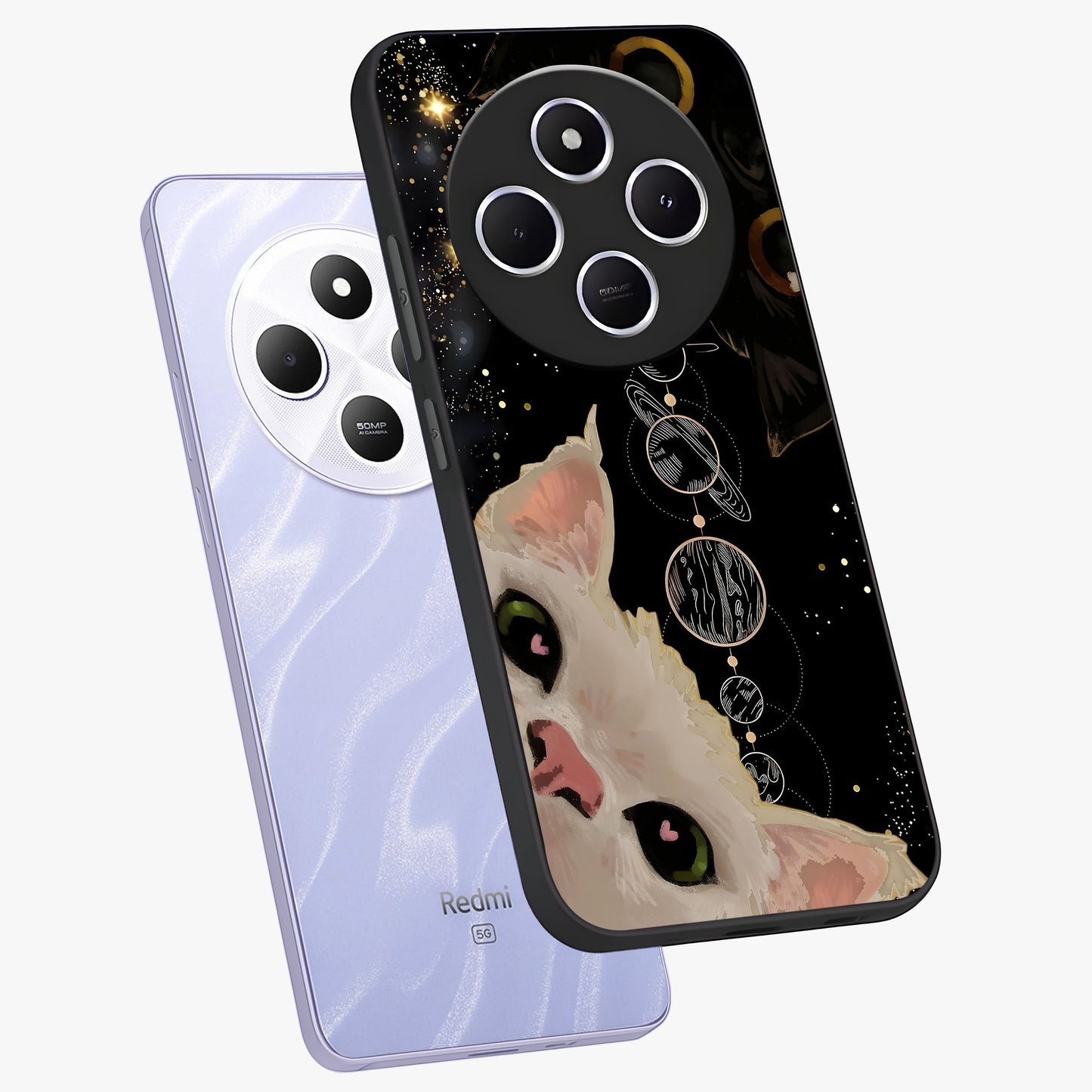 Galactic Cat Glass Case displayed in angled mockup highlighting celestial feline illustration with galaxy aesthetic style.