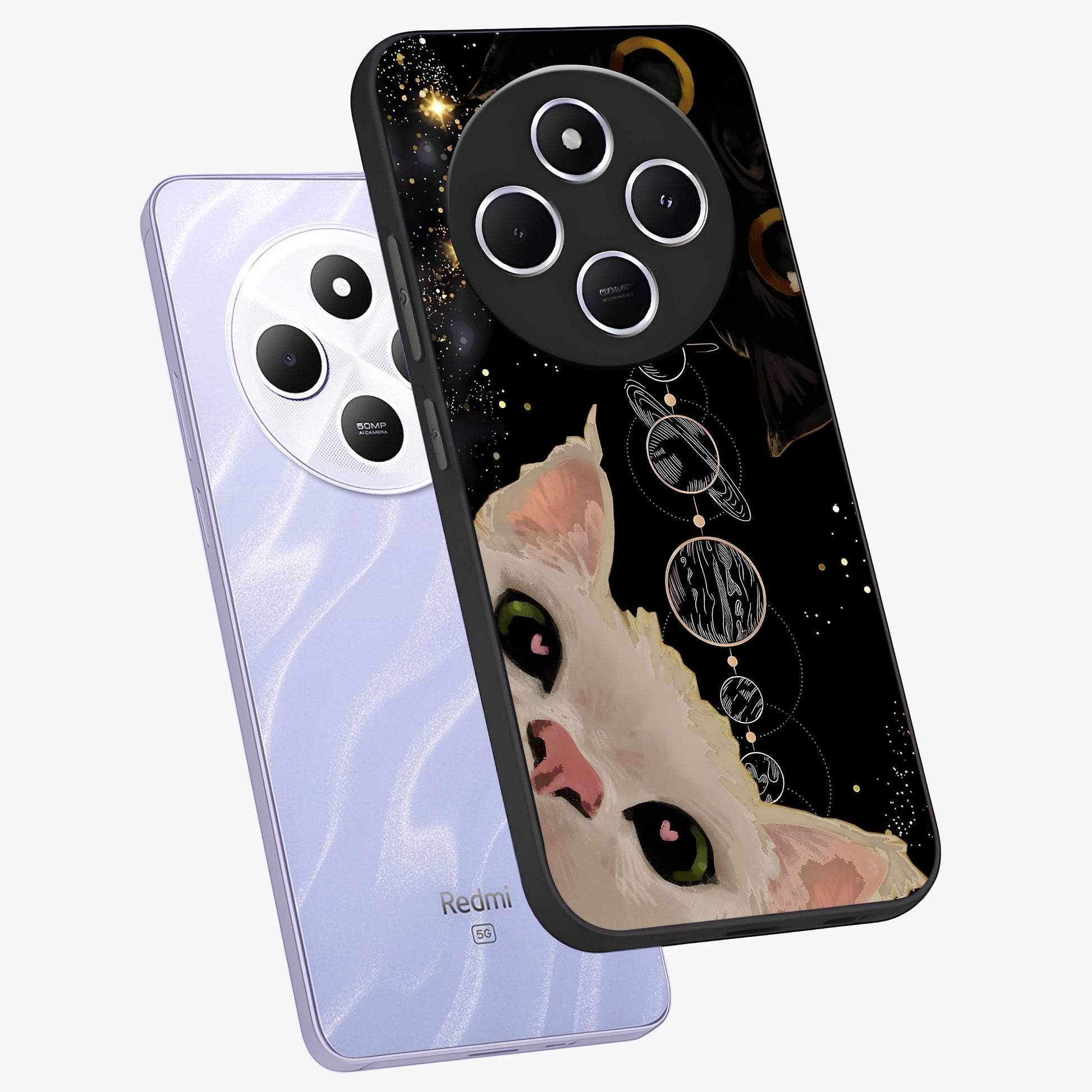 Galactic Cat Glass Case displayed in angled mockup highlighting celestial feline illustration with galaxy aesthetic style.