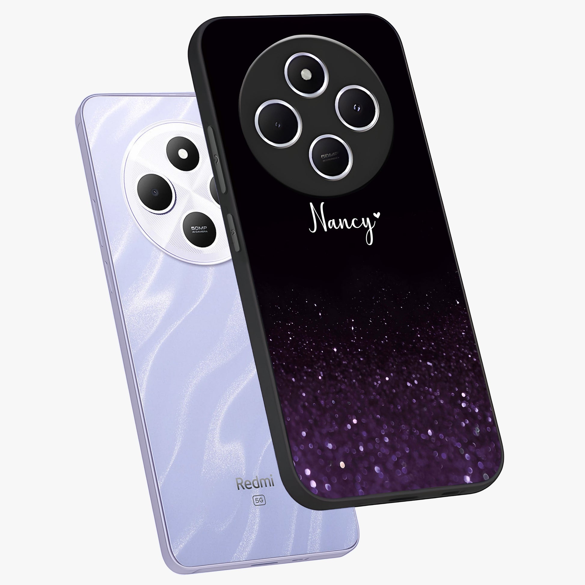 Glittery Purple Bokeh Custom Name Glass Case displayed in angled mockup highlighting glitter bokeh pattern with custom name feature.
