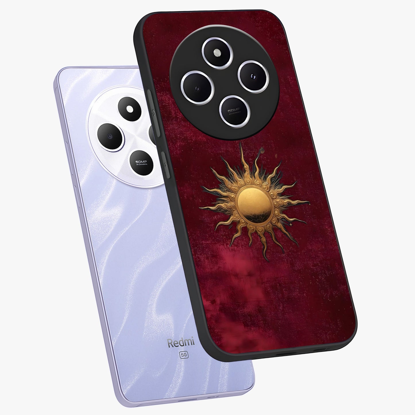 Golden Sun Minimalism Glass Case displayed in angled mockup highlighting clean sun symbol design with modern minimal aesthetic.
