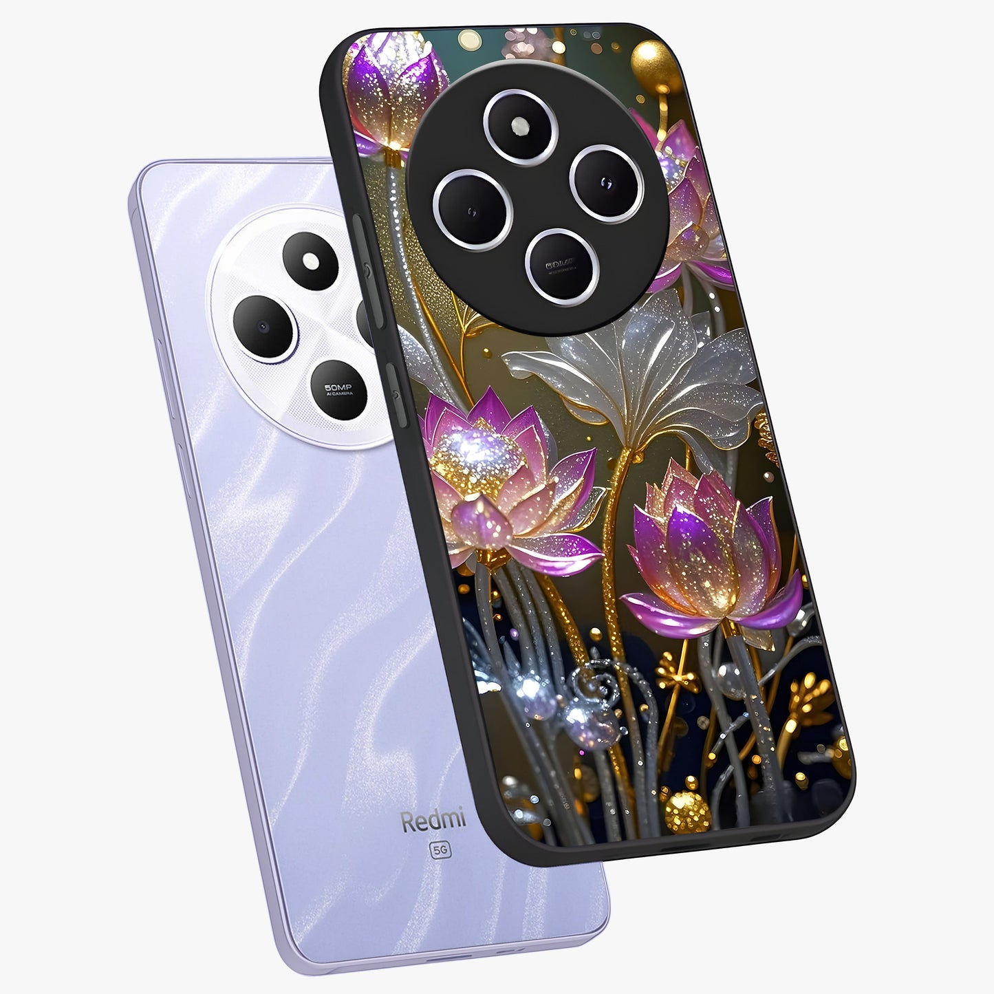 Golden Floral Majesty Glass Case displayed in angled mockup highlighting elegant flower design with royal golden aesthetic.