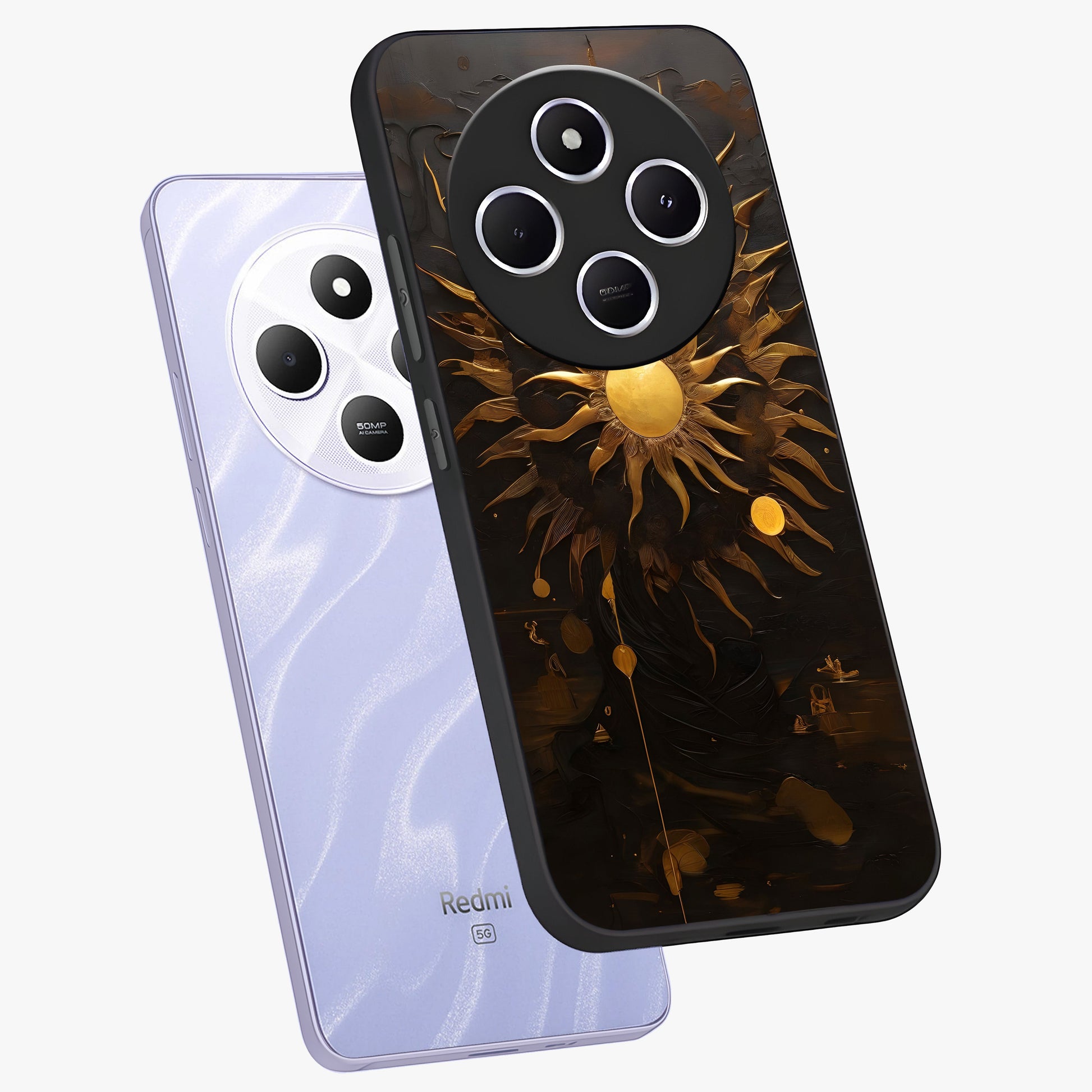 Golden Sun Majesty Glass Case displayed in angled mockup highlighting eerie shadow illustration with gothic aesthetic.