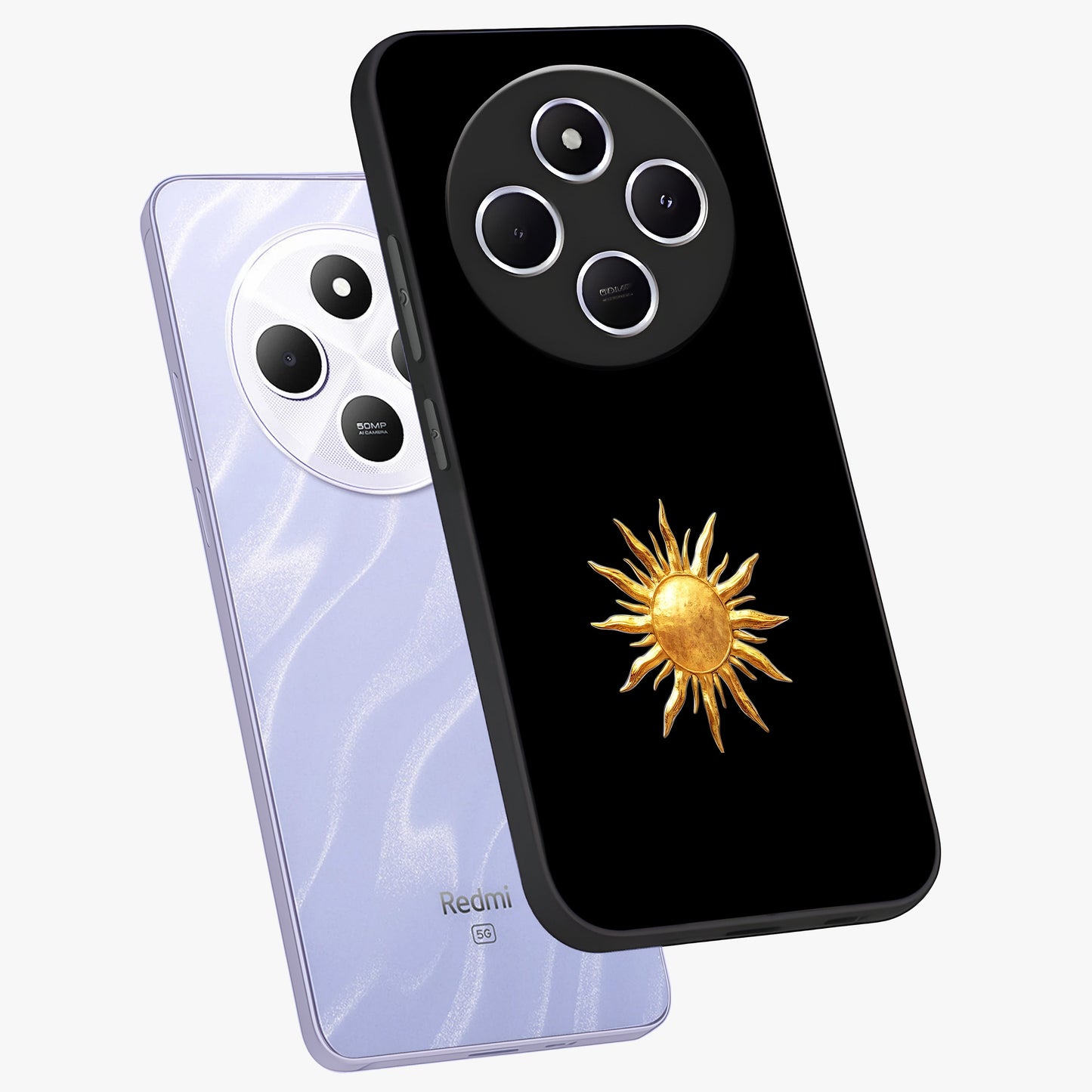 Golden Sun Minimalism Glass Case displayed in angled mockup highlighting eerie shadow illustration with gothic aesthetic.