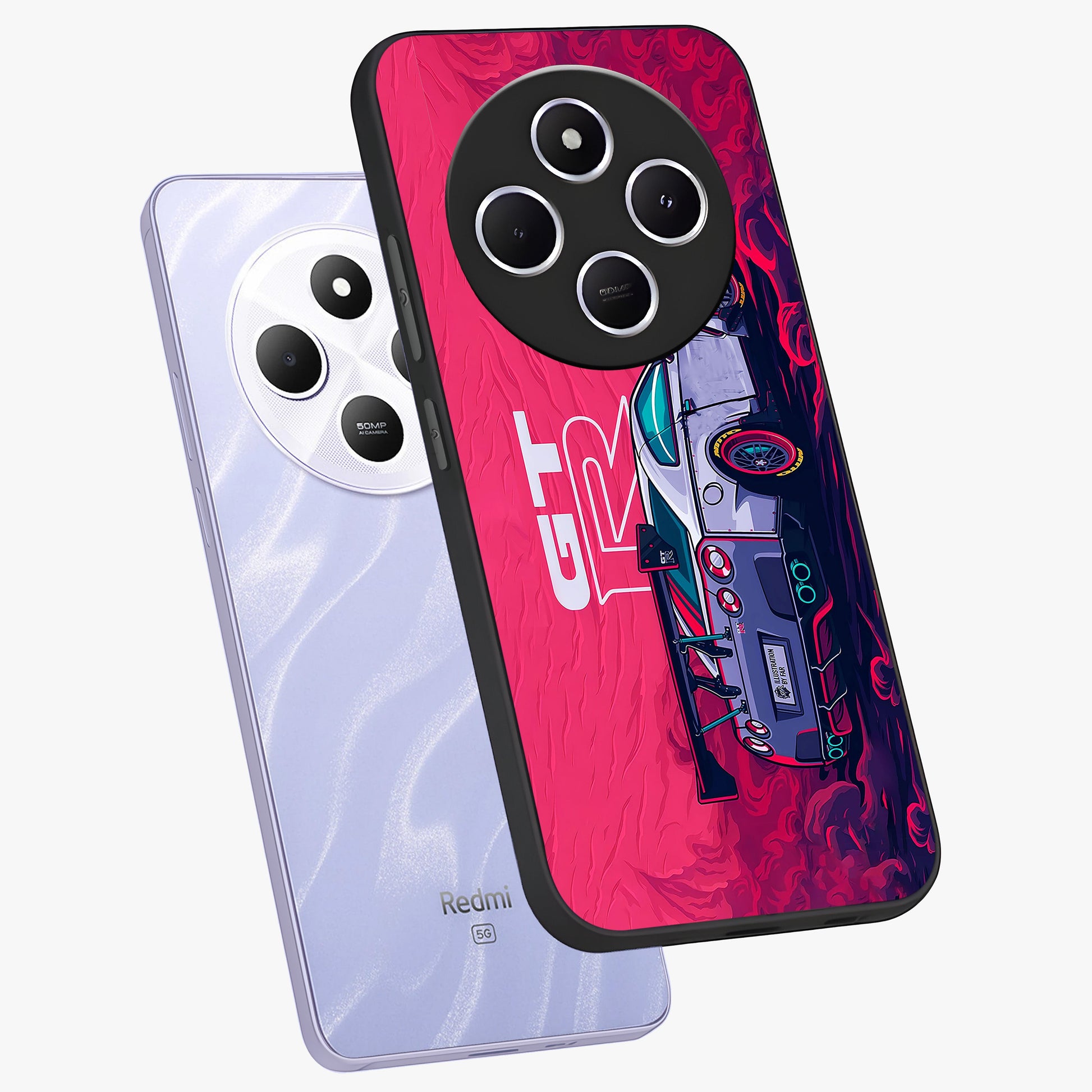 GT-R Car Pattern Glass Case displayed in angled mockup highlighting racing car graphic design with bold automotive aesthetic.