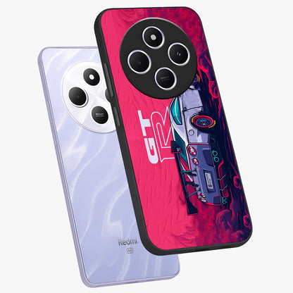 GT-R Car Pattern Glass Case displayed in angled mockup highlighting racing car graphic design with bold automotive aesthetic.