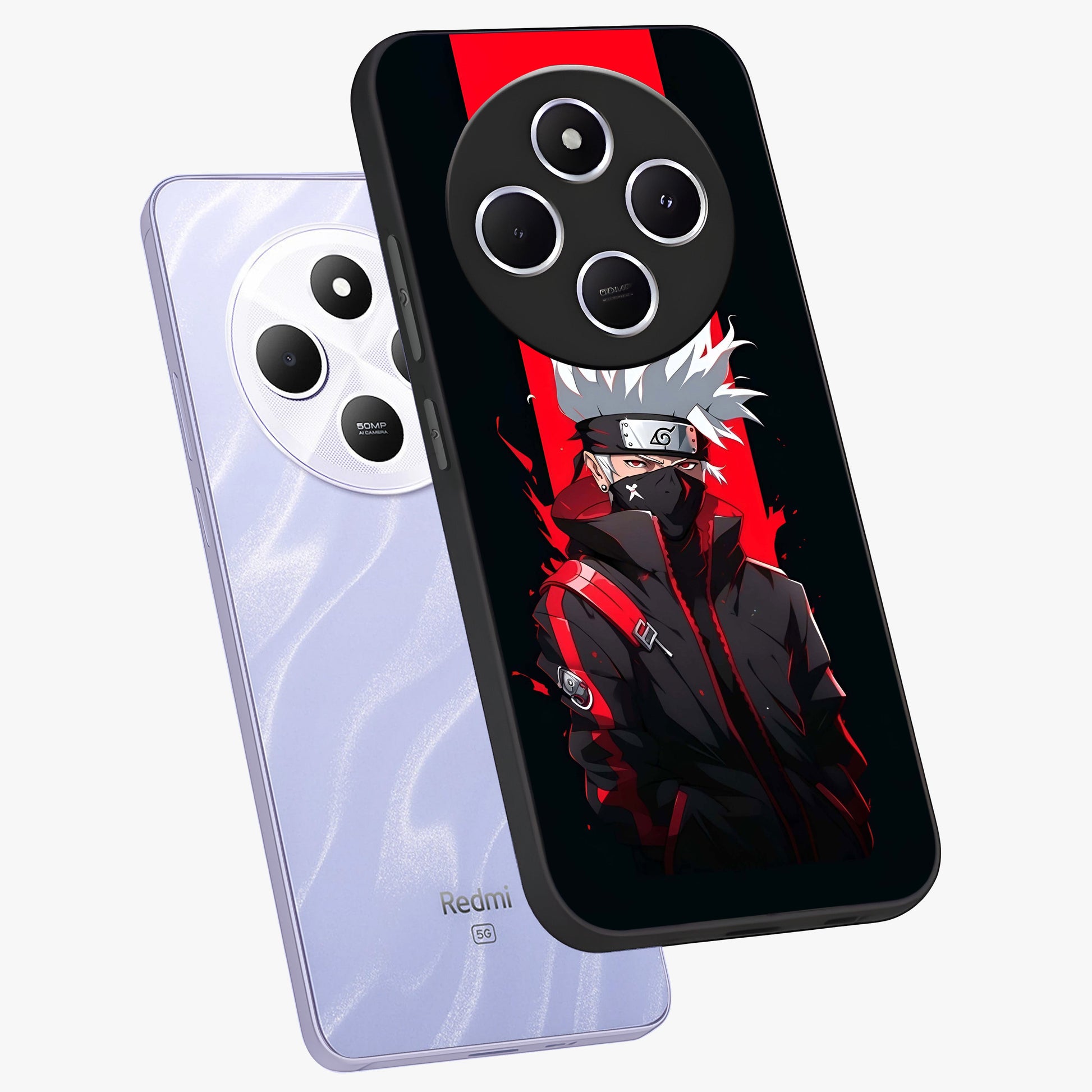 Kakashi Scarlet Shadow Glass Case displayed in angled mockup highlighting dramatic ninja illustration with scarlet themed aesthetic.