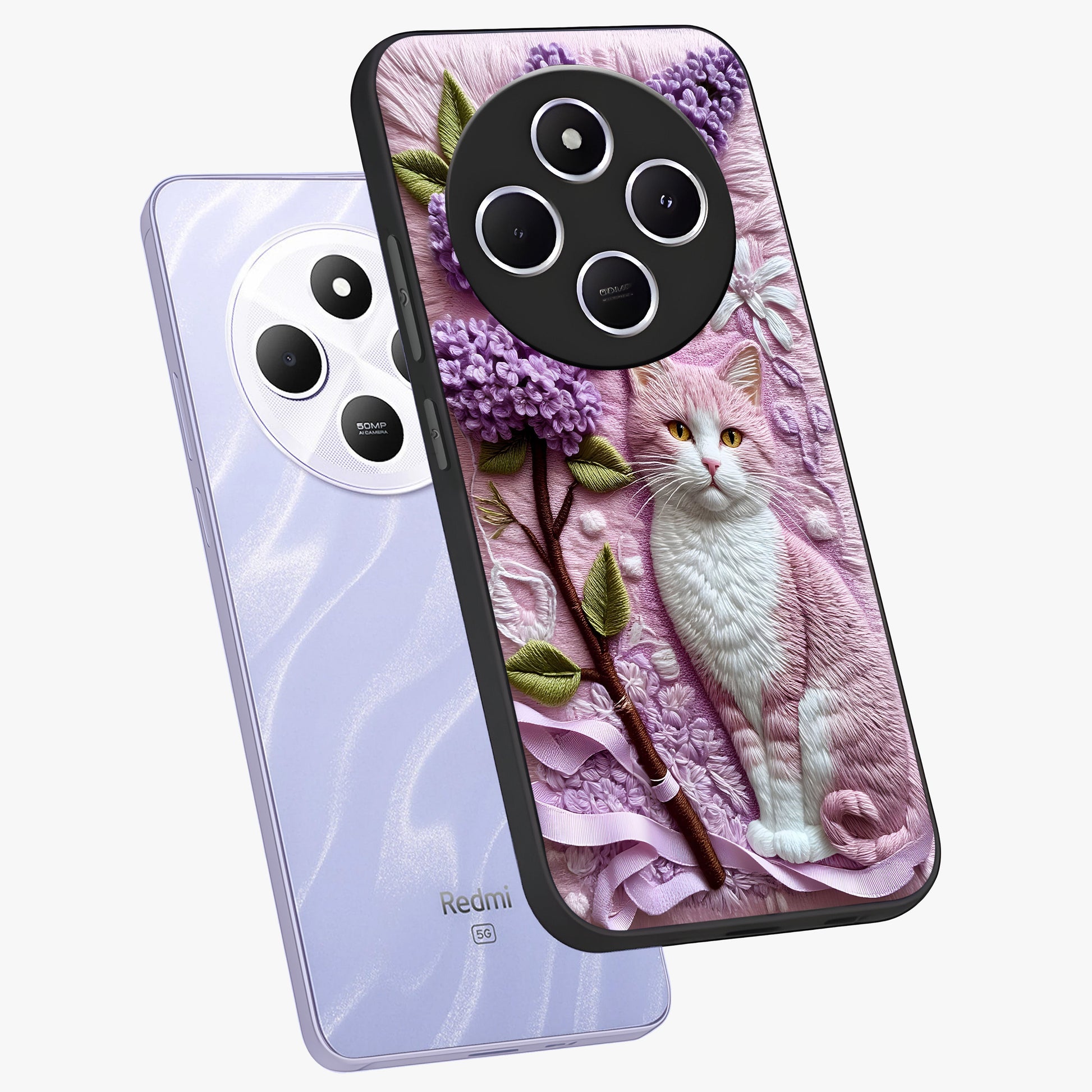 Lavender Cat Whimsy Glass Case displayed in angled mockup highlighting playful feline illustration with pastel lavender aesthetic.