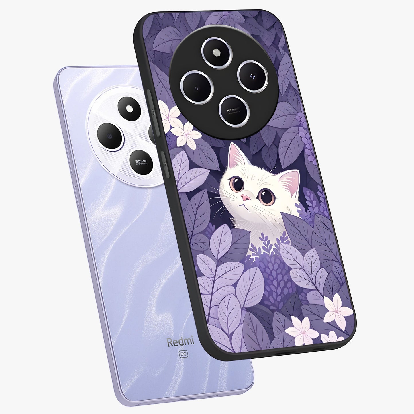 Lilac Hide Peek Cat Glass Case displayed in angled mockup highlighting playful feline illustration with lilac aesthetic design.