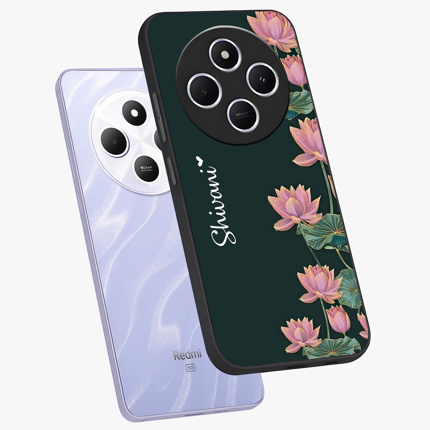 Lotus Bloom Serenity Custom Name Glass Case displayed in angled mockup highlighting graceful lotus illustration with custom name feature.