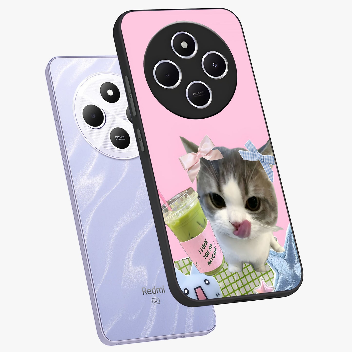 Love Matcha Cat Glass Case displayed in angled mockup highlighting playful feline illustration with cozy matcha aesthetic.
