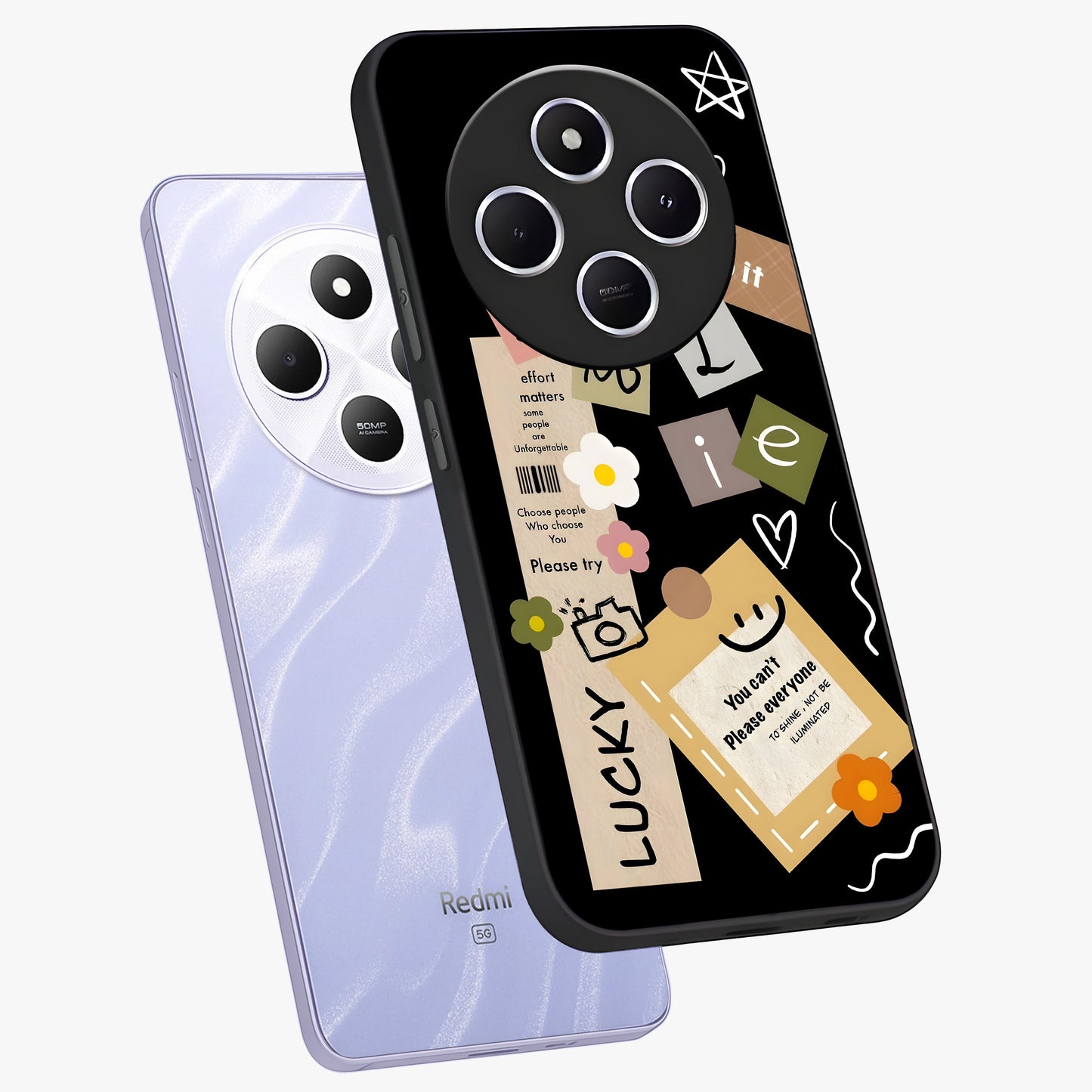 Lucky Aesthetic Collage Glass Case displayed in angled mockup highlighting stylish collage pattern with modern aesthetic vibe.