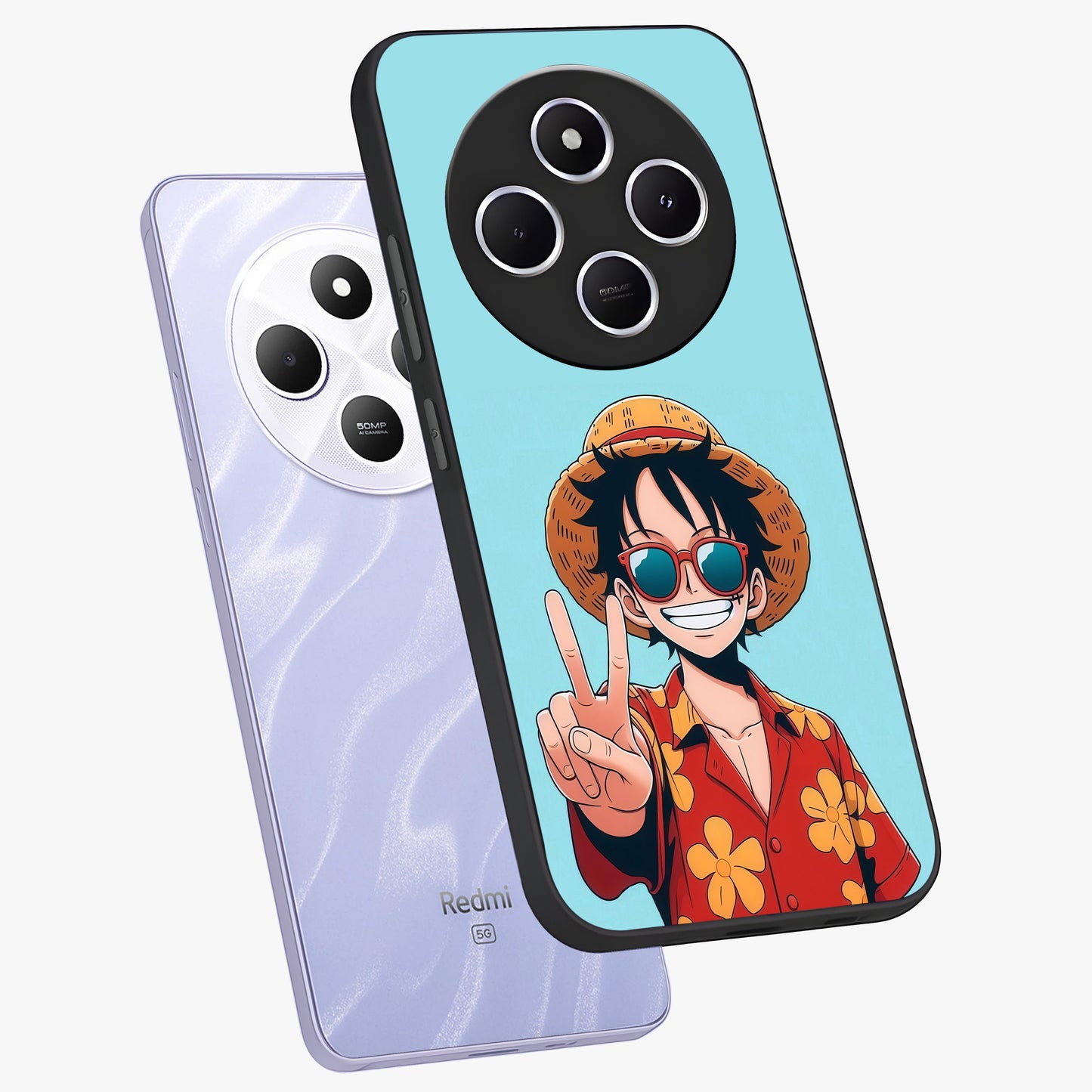 Luffy Summer Anime Vibe Glass Case displayed in angled mockup highlighting energetic anime illustration with summer vibe aesthetic.