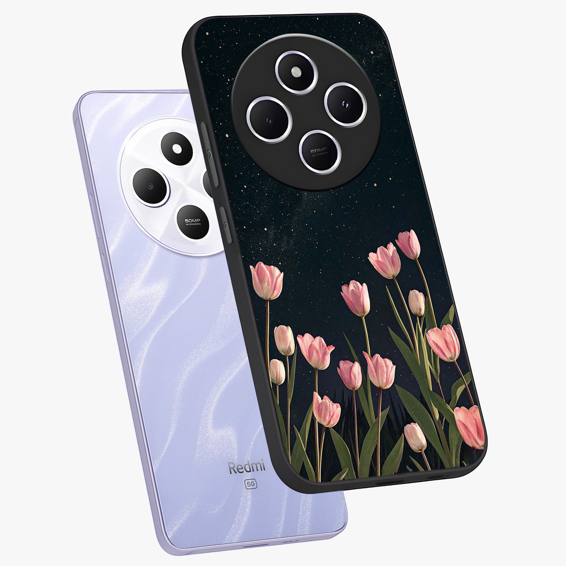 Midnight Tulip Whispers Vibe Glass Case displayed in angled mockup highlighting delicate tulip design with midnight floral aesthetic.