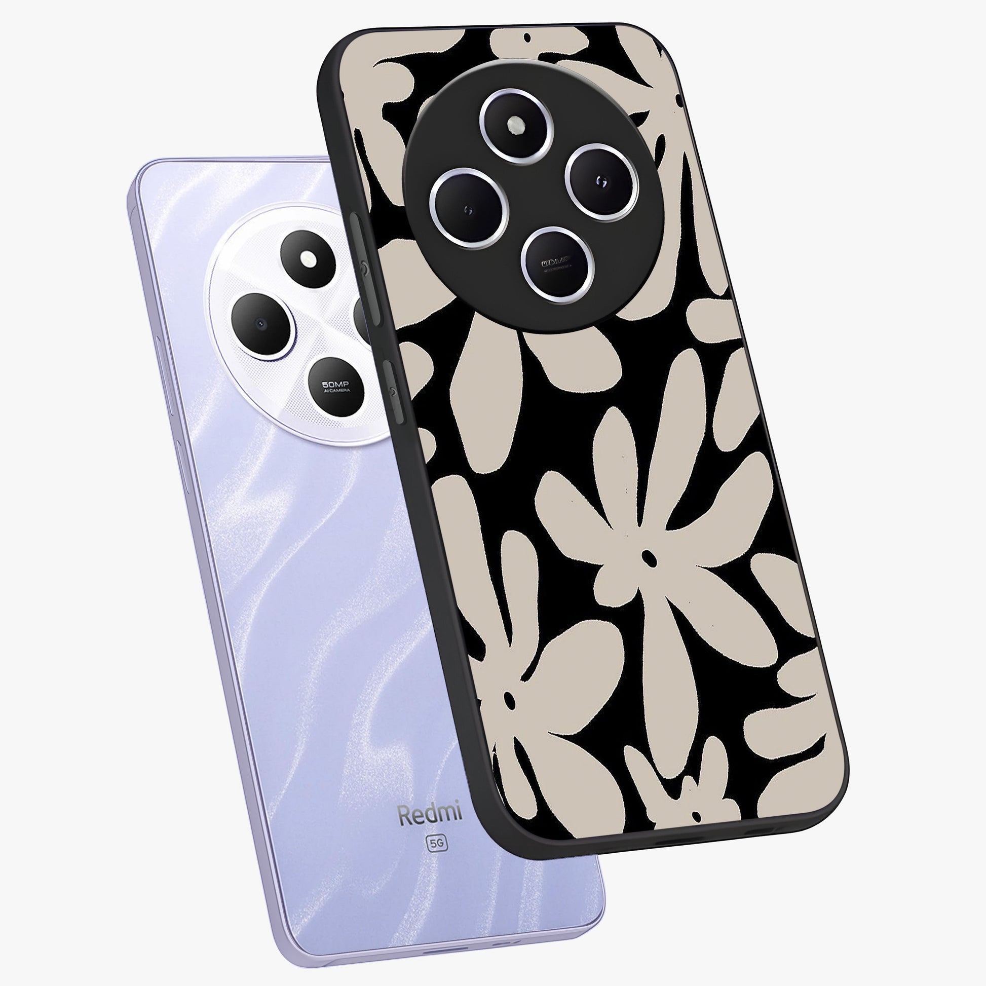 Monochrome Petal Dance Glass Case displayed in angled mockup highlighting elegant petal design with black and white aesthetic.