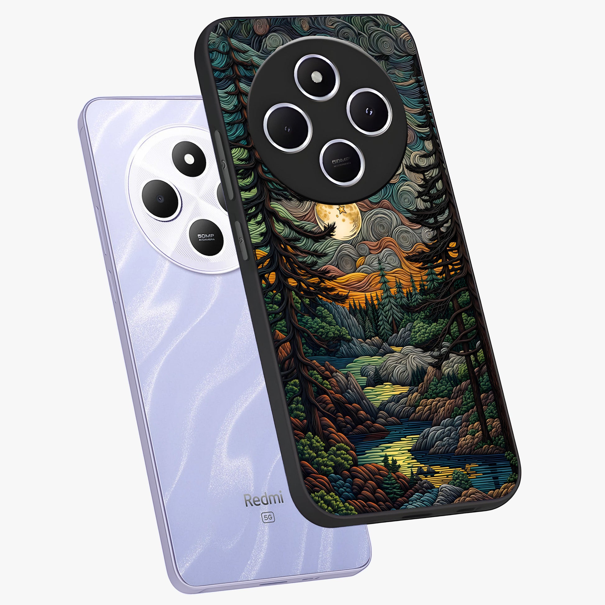 Moonlight Forest Dream Glass Case displayed in angled mockup highlighting dreamy forest design with glowing moon aesthetic.