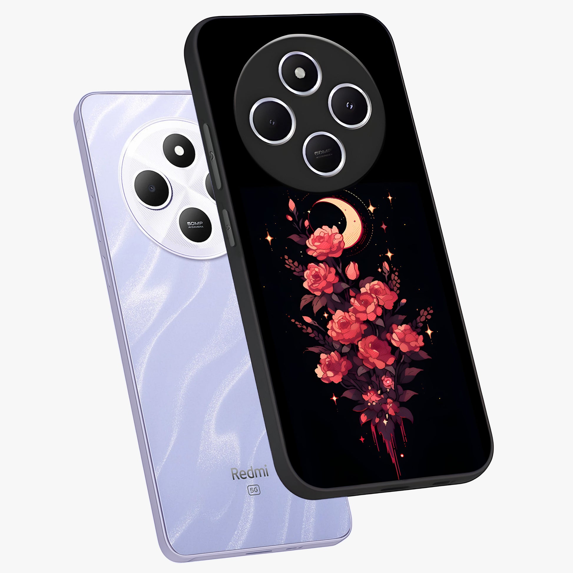 Moonlit Floral Elegance Glass Case displayed in angled mockup highlighting graceful flower design with soft moonlight aesthetic.