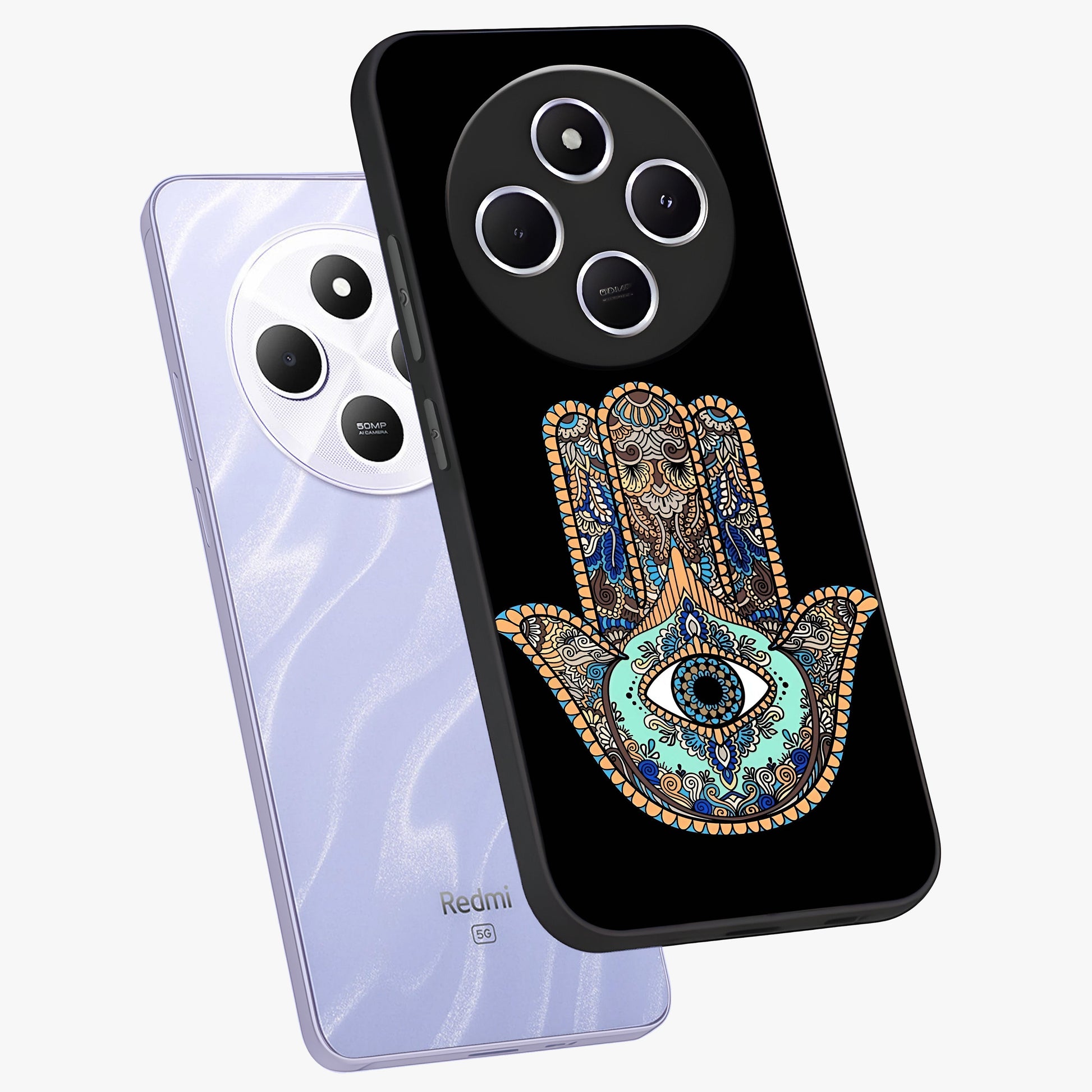 Mystic Hamsa Eye Glass Case displayed in angled mockup highlighting spiritual hamsa symbol with mystical aesthetic style.