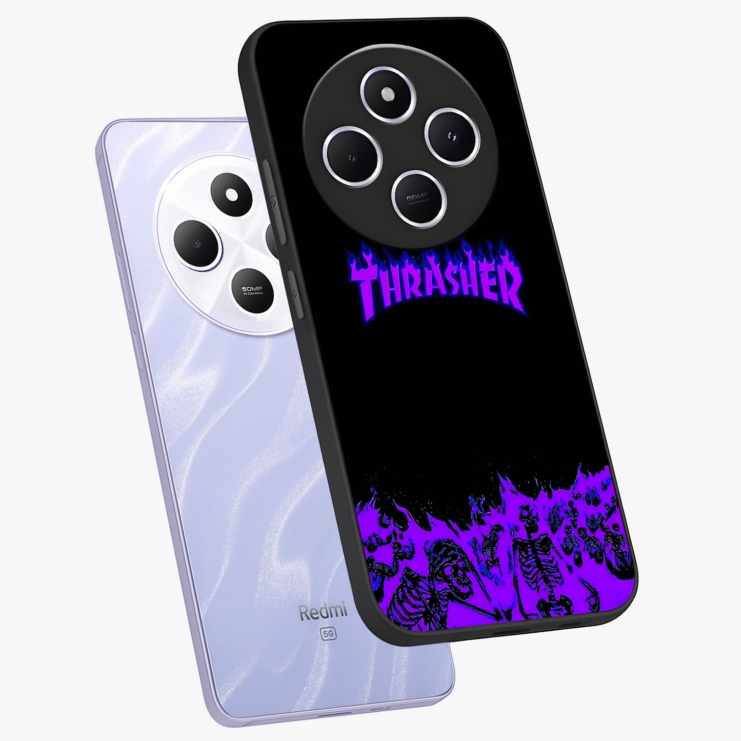 Neon Flame Riot Glass Case displayed in angled mockup highlighting glowing flame design with vibrant neon aesthetic.
