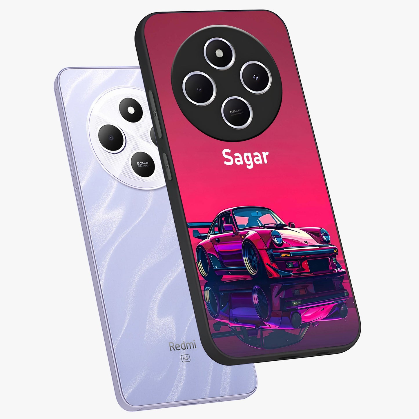 Neon Pink Porsche Glass Case displayed in angled mockup highlighting sleek neon pink car design with racing aesthetic.