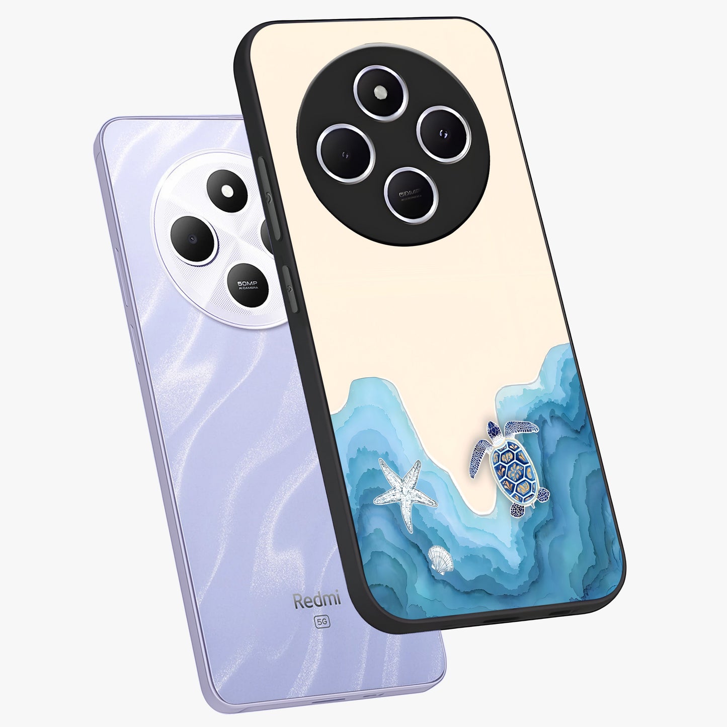 Ocean Drift Turtle Glass Case displayed in angled mockup highlighting peaceful ocean turtle illustration with marine aesthetic.