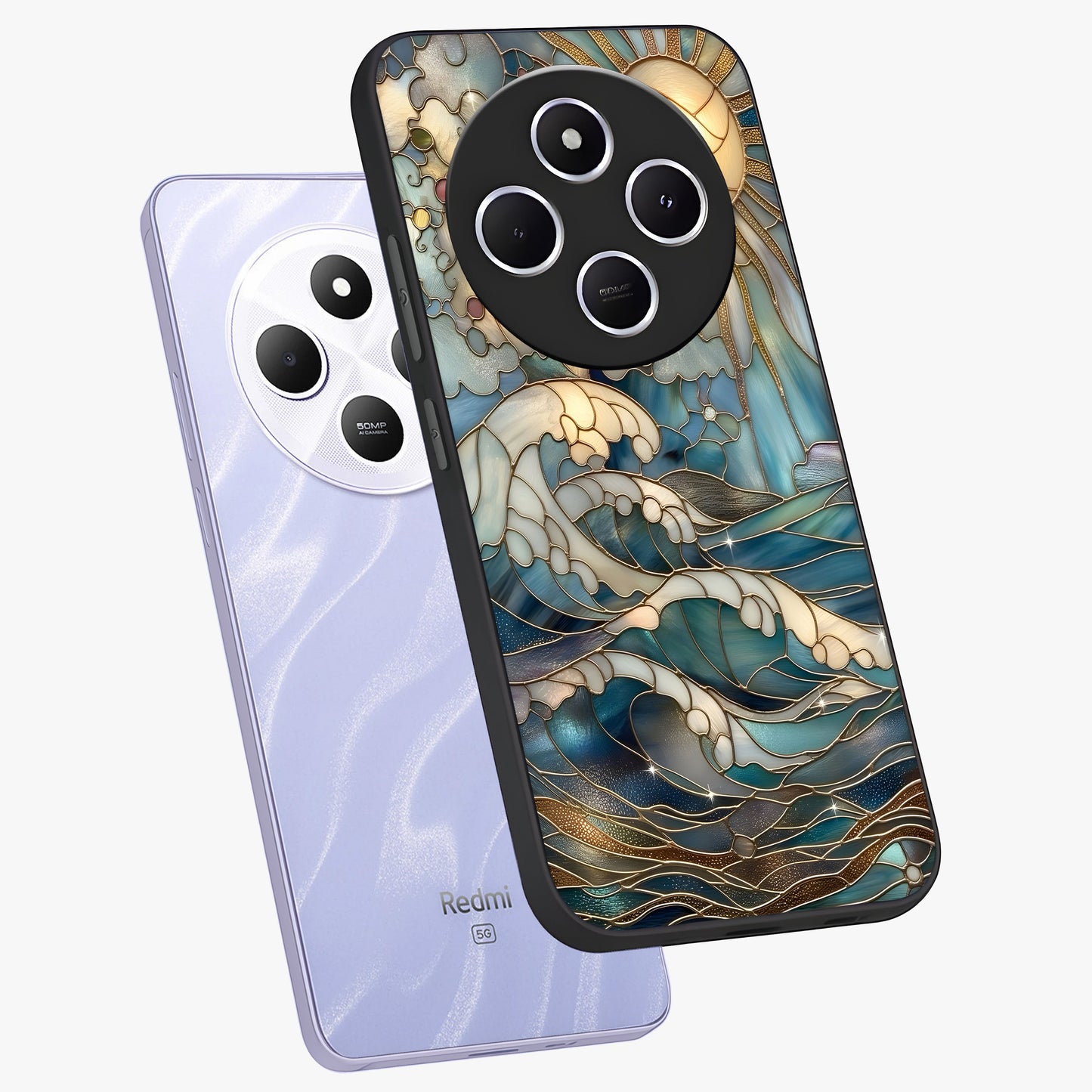 Oceanic Stained Printed Glass Case displayed in angled mockup highlighting colorful aquatic design with artistic aesthetic style.
