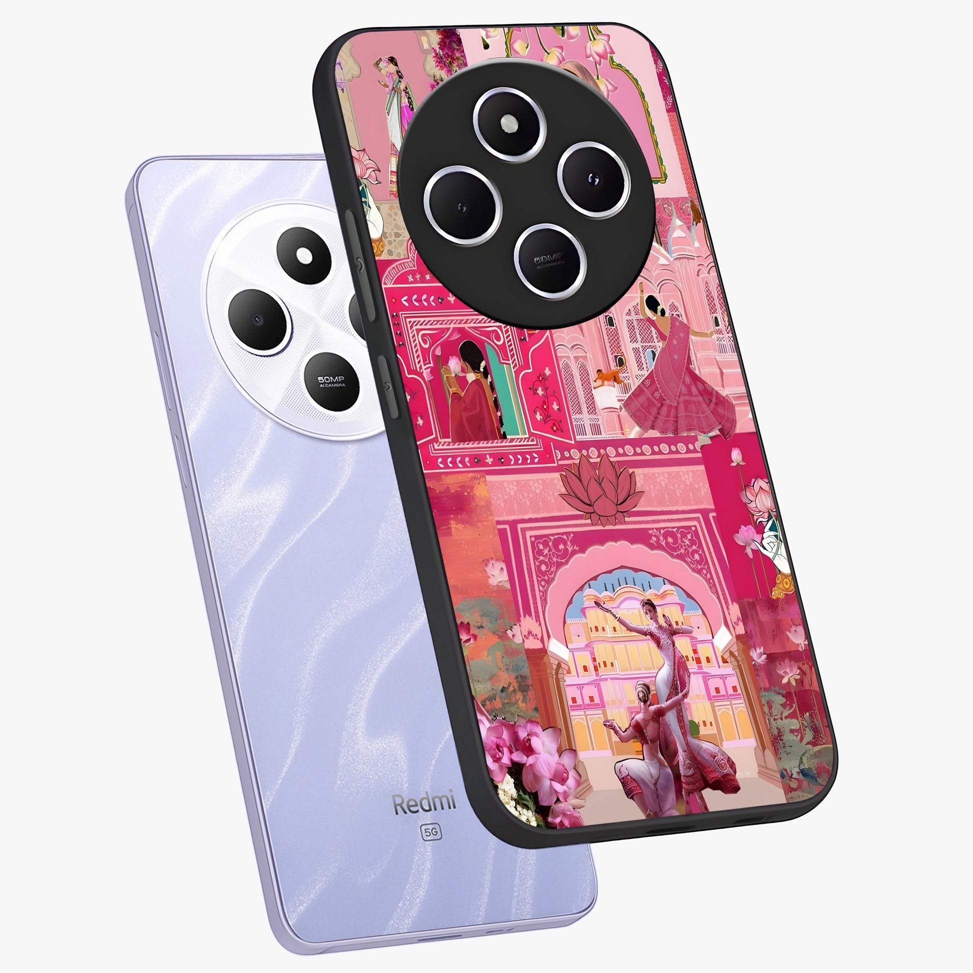 Pink Palace Muse Glass Case displayed in angled mockup highlighting dreamy palace illustration with soft pink aesthetic.