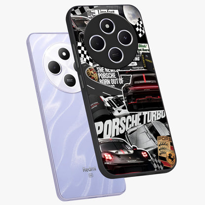 Porsche Racing Collage Glass Case displayed in angled mockup highlighting dynamic automotive design with bold racing aesthetic.