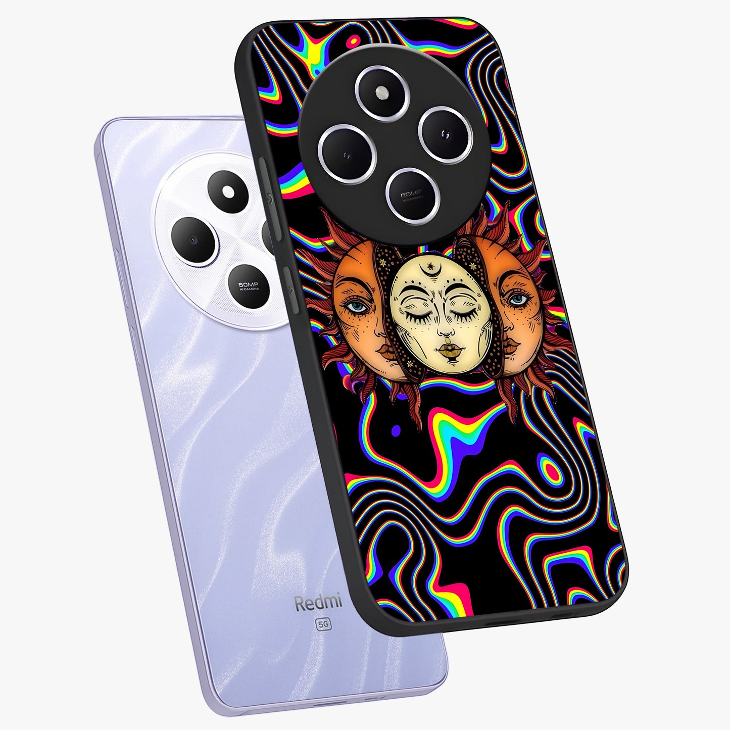 Psychedelic Sun Glass Case displayed in angled mockup highlighting vibrant abstract sun design with artistic aesthetic style.