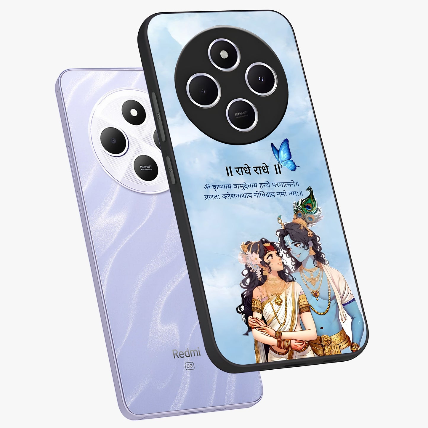 Radha Krishna Eternal Glass Case displayed in angled mockup highlighting divine Radha Krishna illustration with spiritual aesthetic.