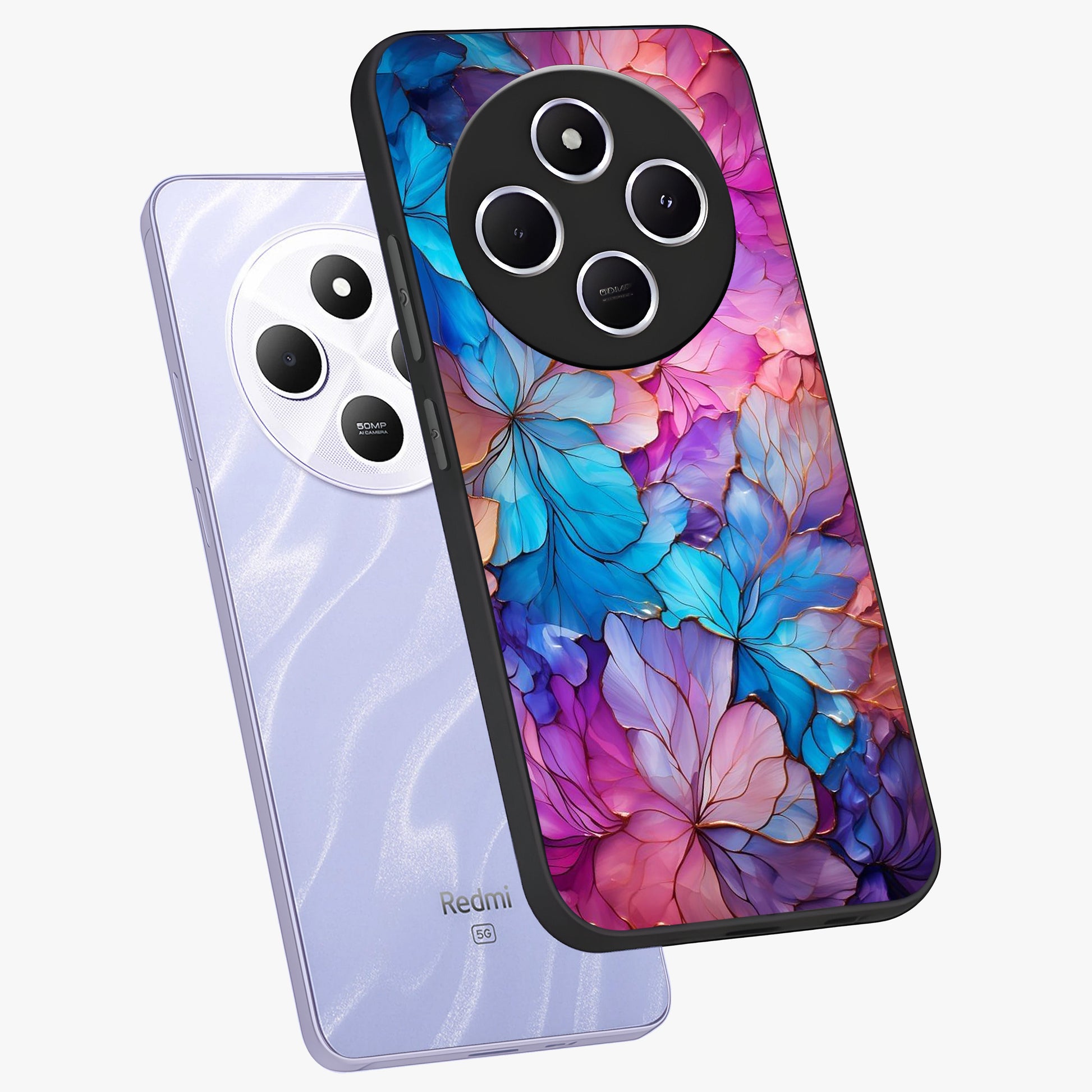 Radiant Floral Whirl Glass Case displayed in angled mockup highlighting vibrant flower pattern with dynamic artistic aesthetic.