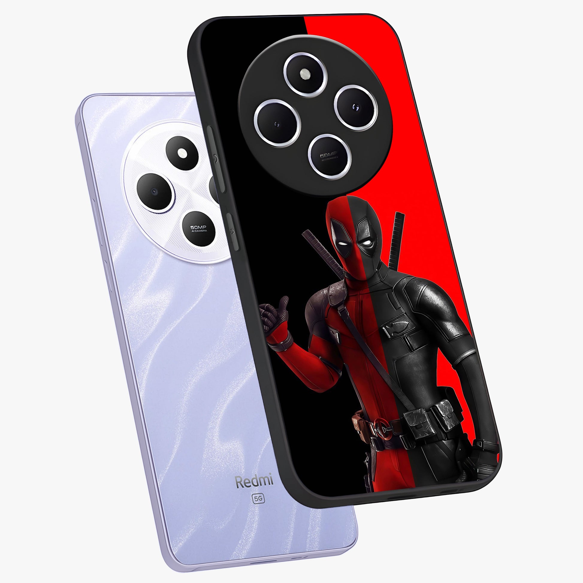Red & Black Deadpool Theme Glass Case displayed in angled mockup highlighting vibrant superhero style illustration with action aesthetic.
