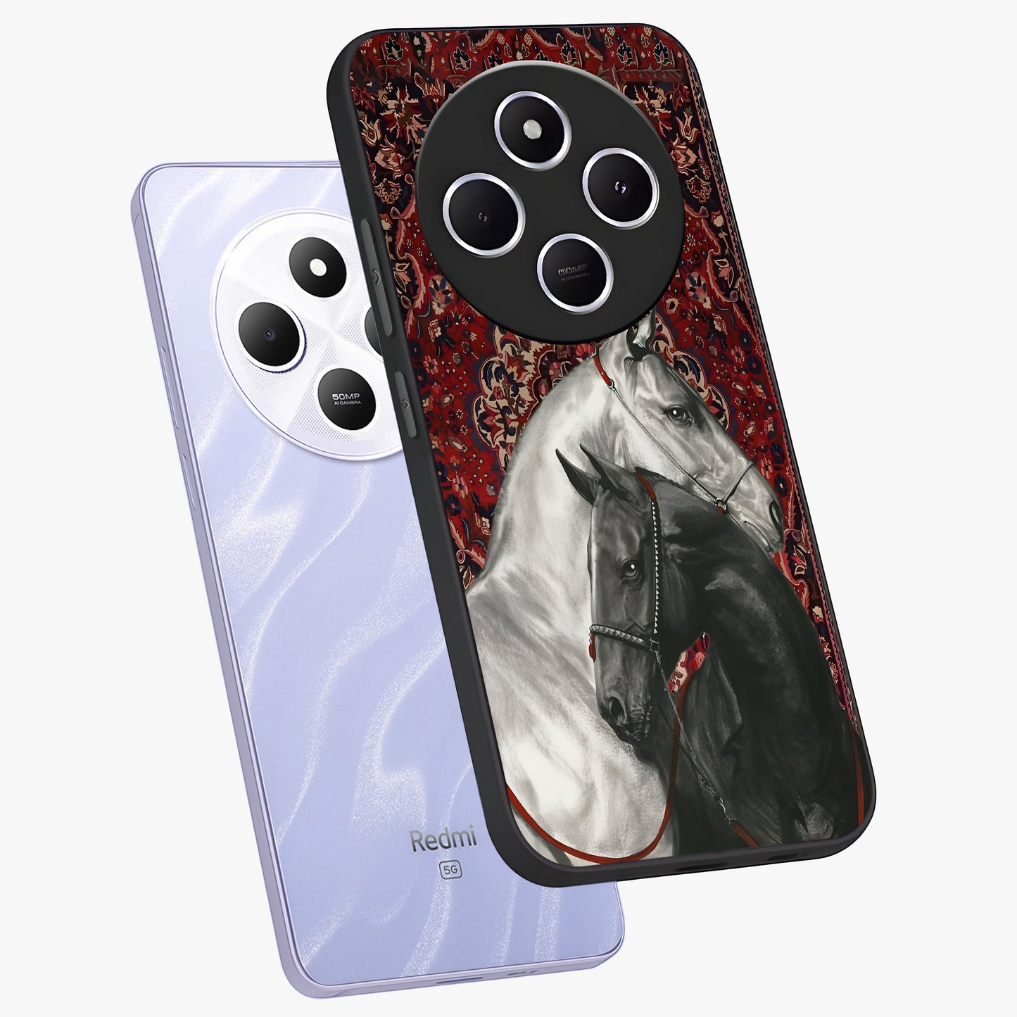 Regal Stallion Tapestry Glass Case displayed in angled mockup highlighting royal stallion design with decorative heritage aesthetic.