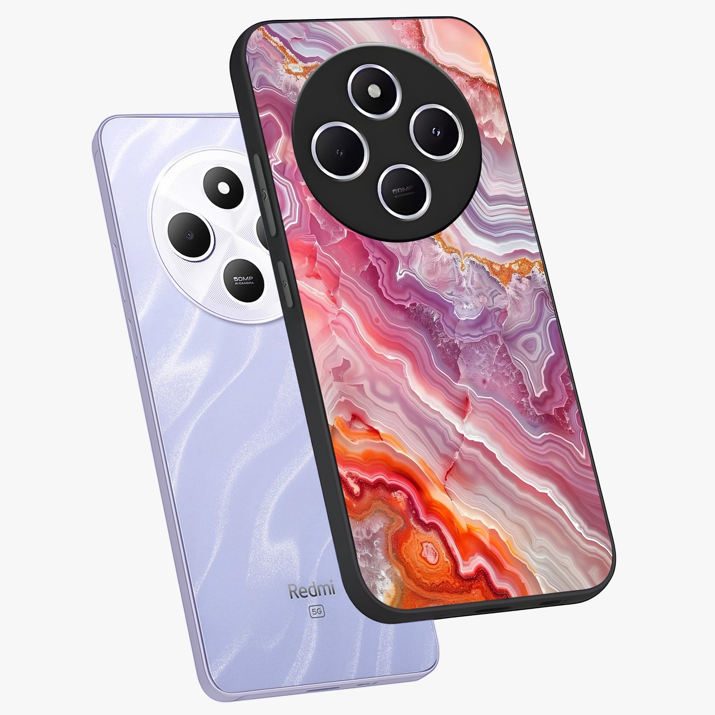 Rose Quartz Marble Glass Case displayed in angled mockup highlighting elegant marble pattern with soft aesthetic style.