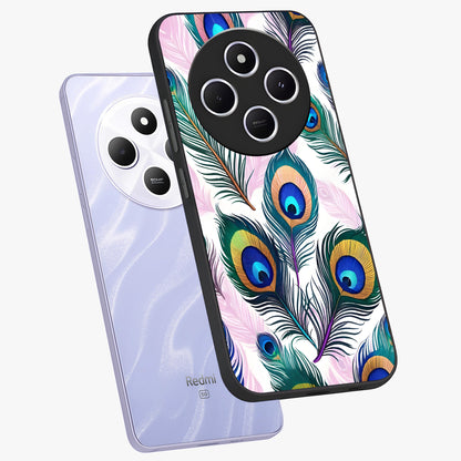 Royal Peacock Feathers Glass Case displayed in angled mockup highlighting vibrant feather pattern with regal aesthetic style.
