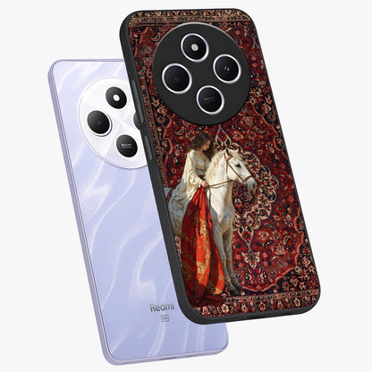 Royal Rider Tapestry Glass Case displayed in angled mockup highlighting traditional tapestry design with royal heritage aesthetic.