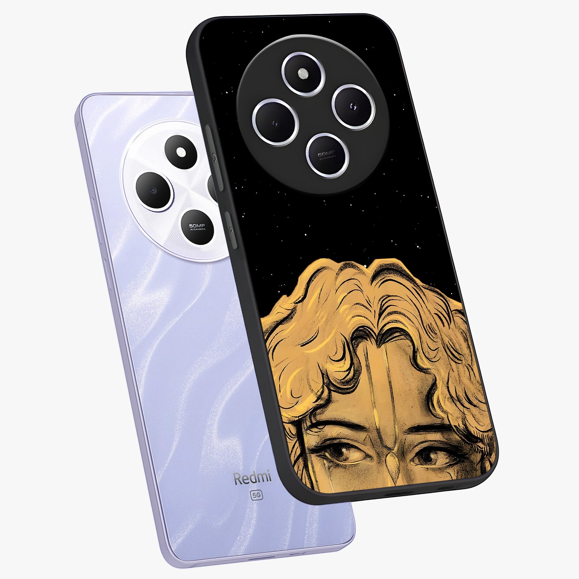 Shri Krishna Art Glass Case displayed in angled mockup highlighting spiritual Krishna illustration with divine aesthetic.