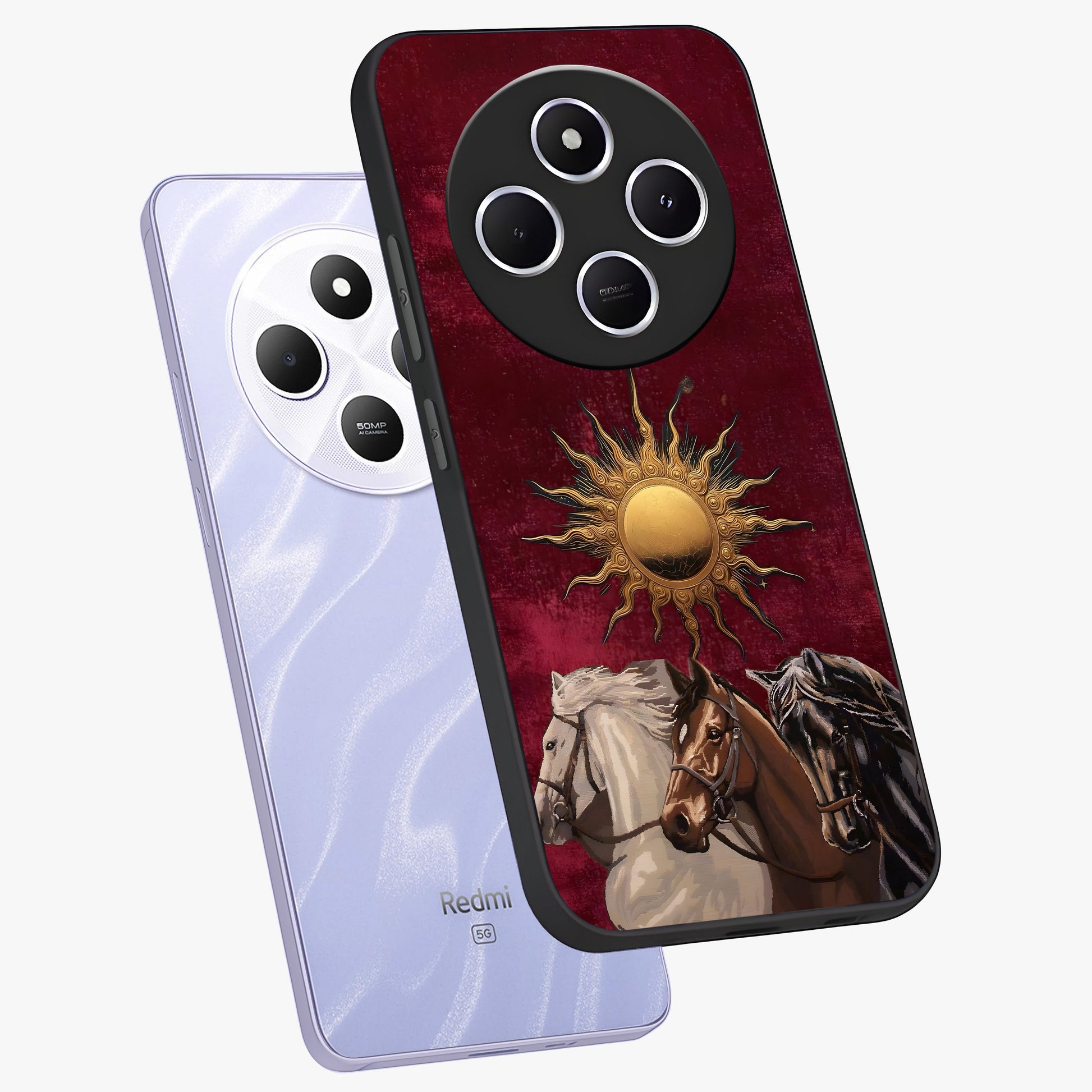 Solar Riders Glass Case displayed in angled mockup highlighting powerful rider illustration with radiant solar aesthetic.
