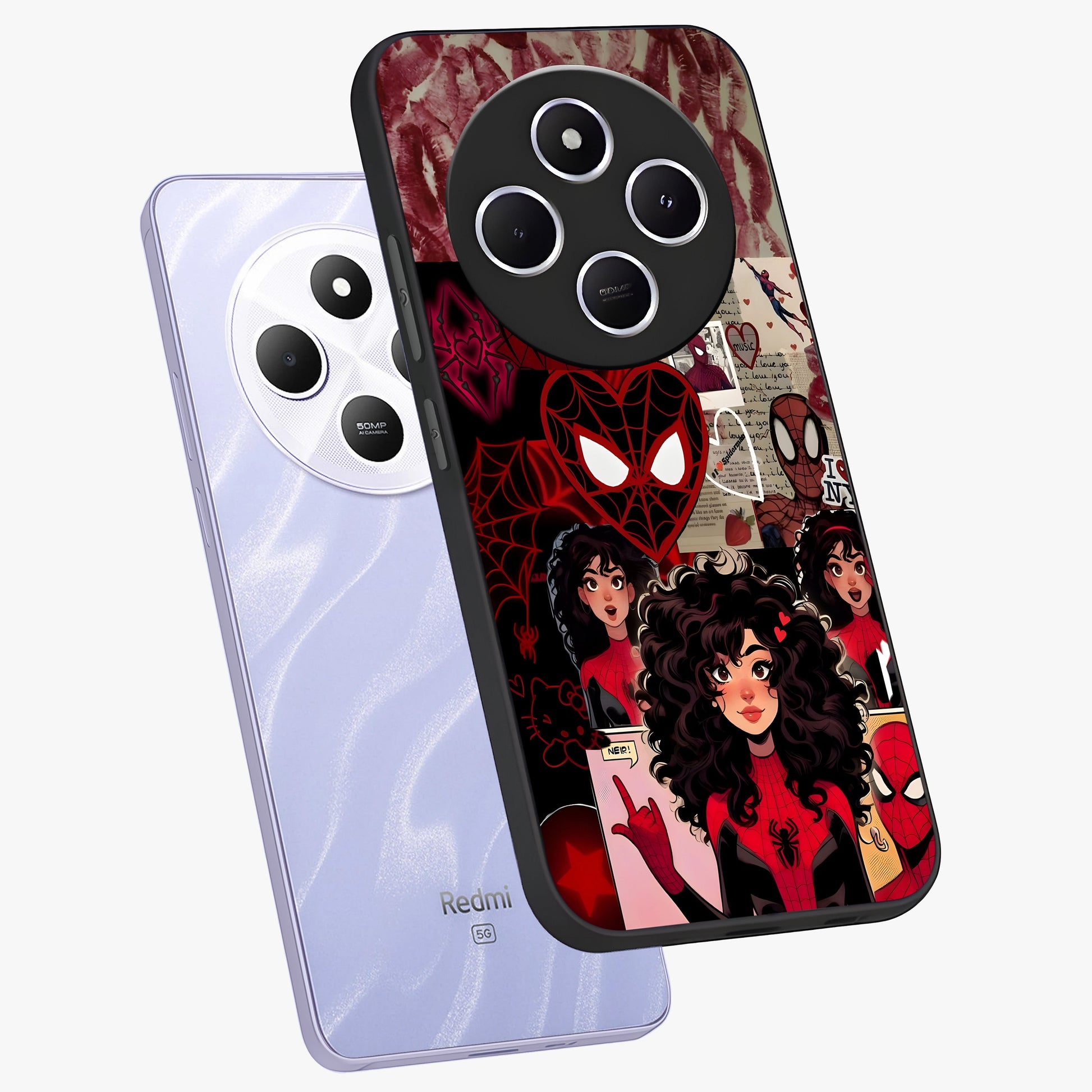 Spider Love Story Glass Case displayed in angled mockup highlighting expressive comic inspired design with playful aesthetic.