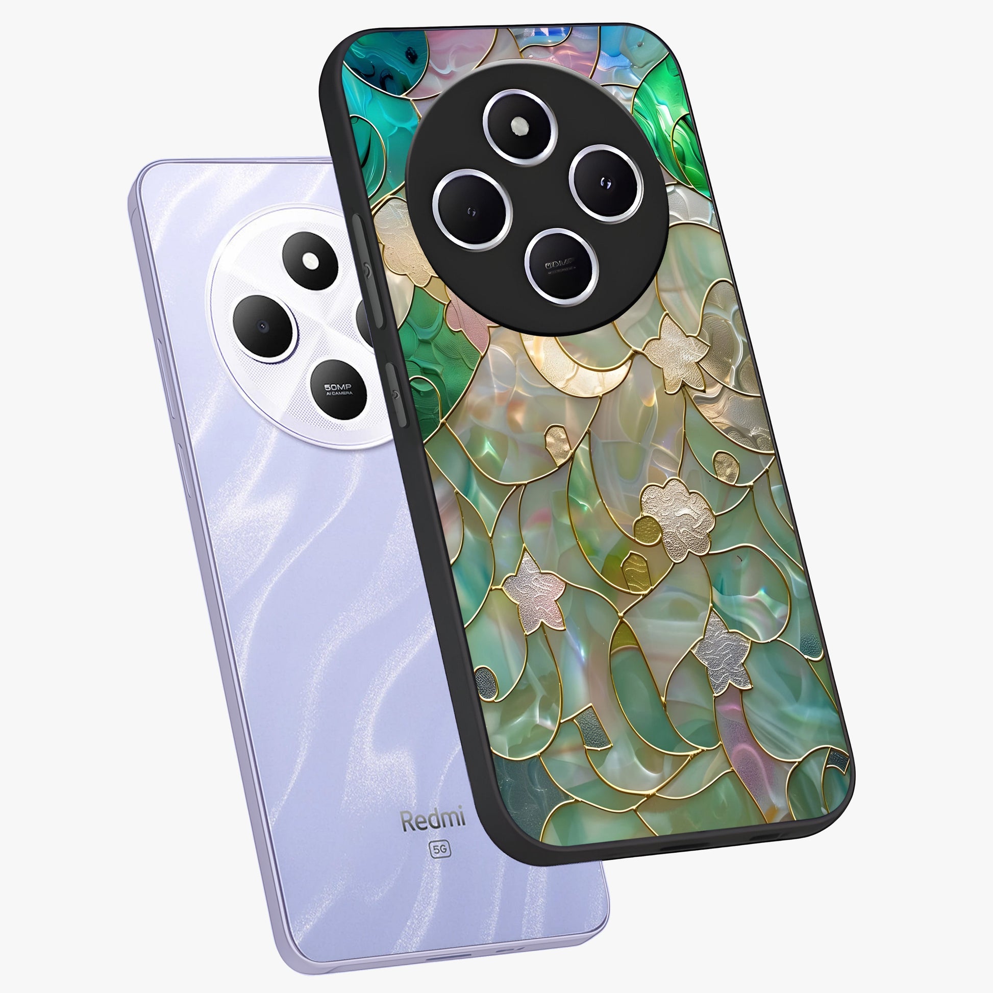 Stained Sunrise Glow Glass Case displayed in angled mockup highlighting radiant sunrise design with artistic aesthetic style.
