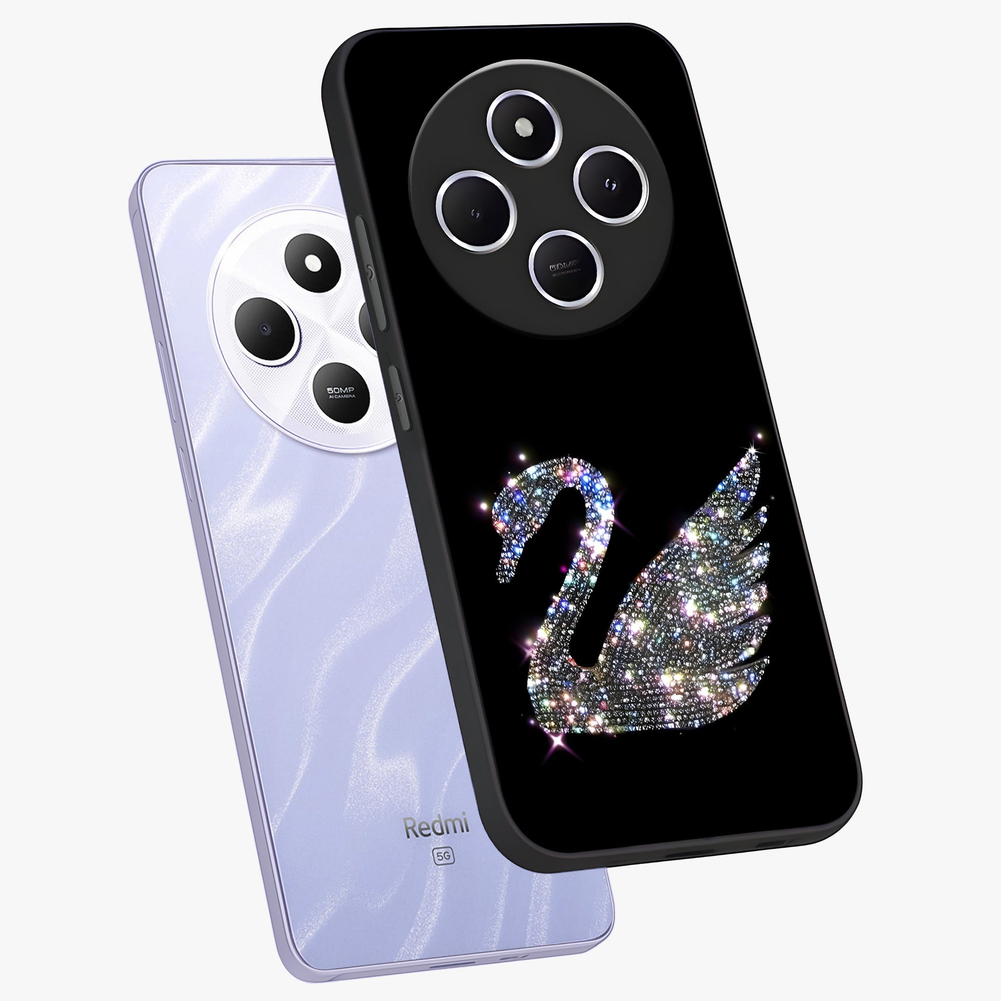 Starlit Swan Grace Glass Case displayed in angled mockup highlighting elegant swan illustration with dreamy celestial aesthetic.