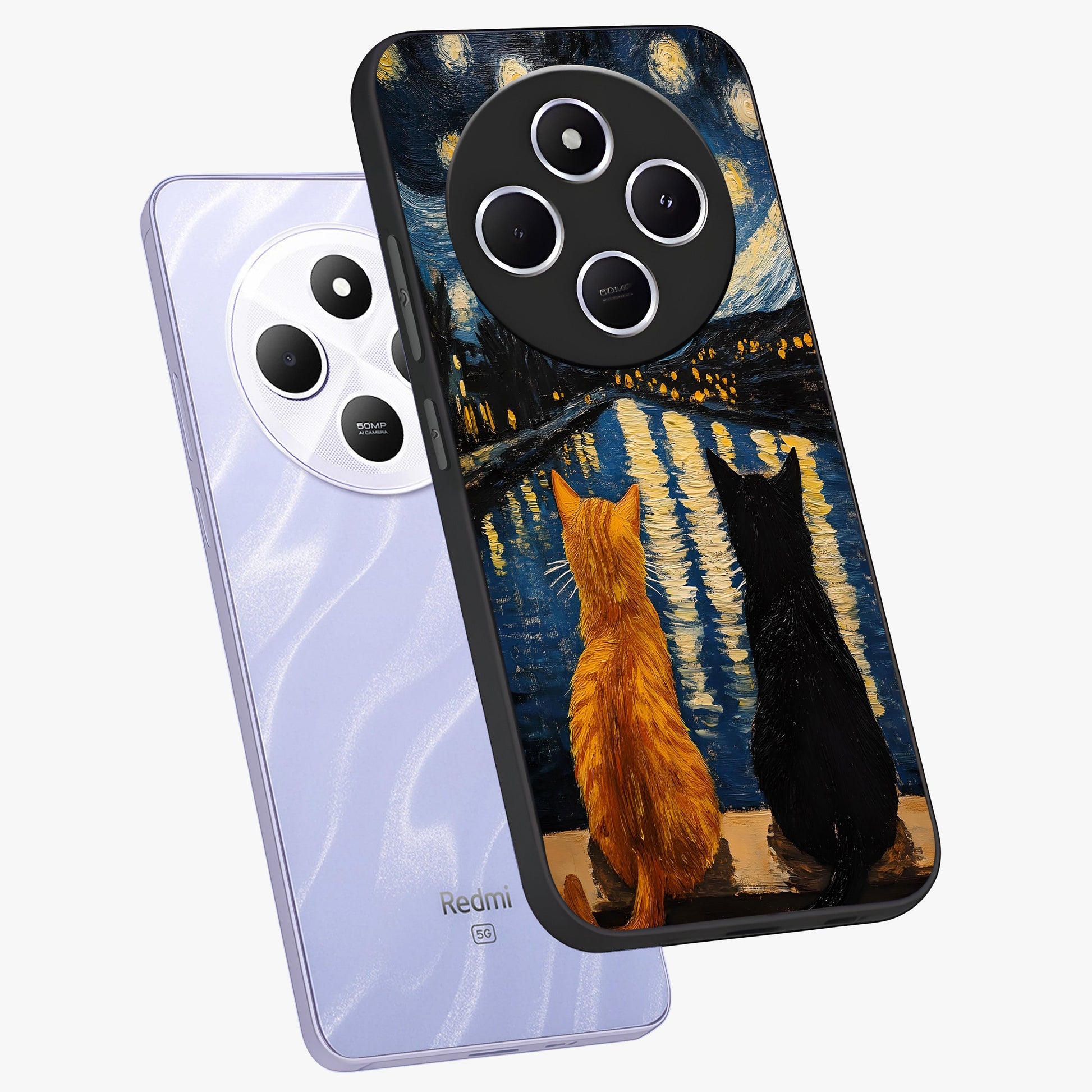 Starry River Cats Glass Case displayed in angled mockup highlighting charming feline illustration with dreamy night aesthetic.