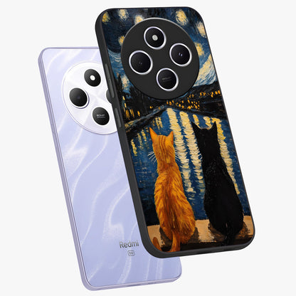 Starry River Cats Glass Case displayed in angled mockup highlighting charming feline illustration with dreamy night aesthetic.