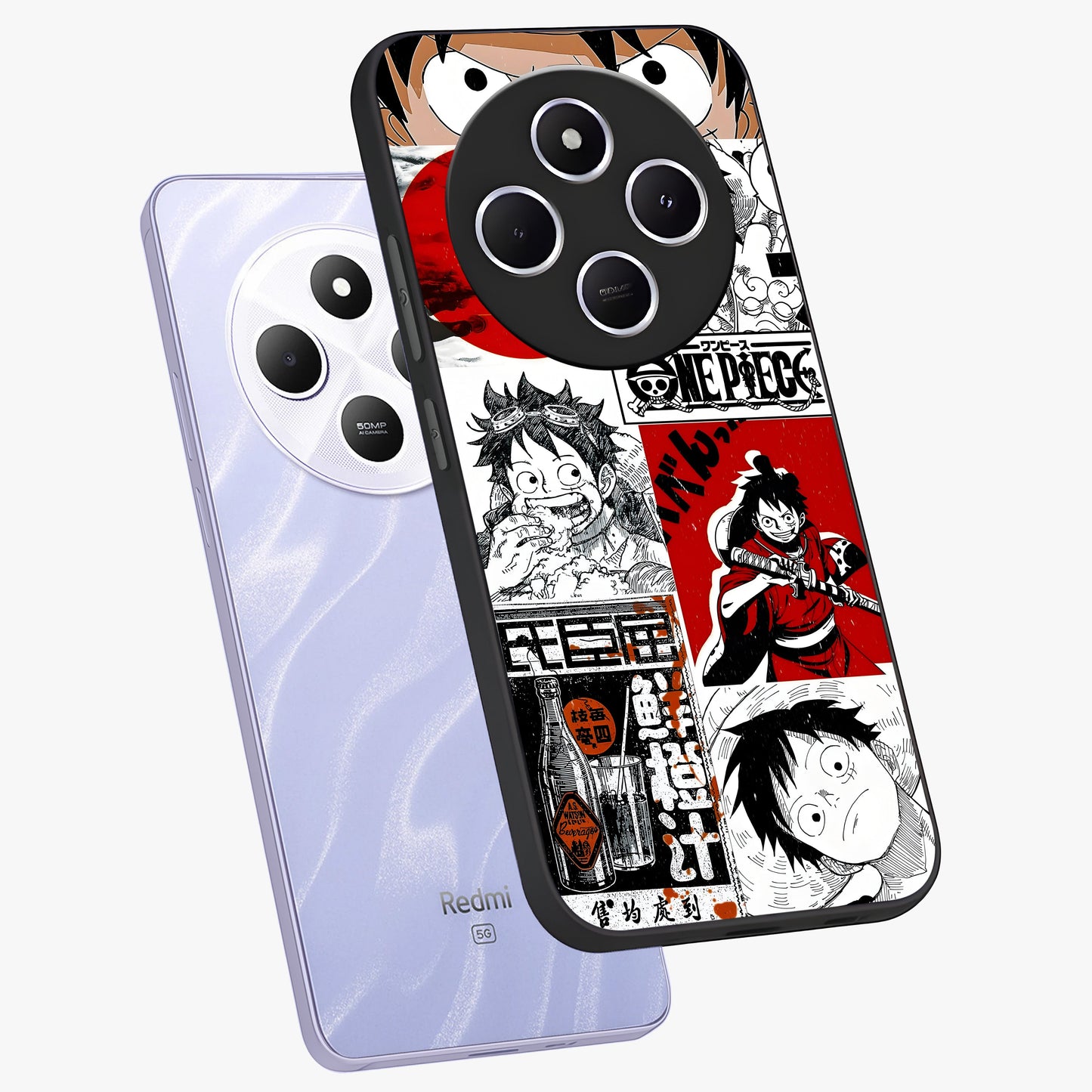 Strawhat Chaos Panels Glass Case displayed in angled mockup highlighting vibrant anime collage design with action aesthetic.