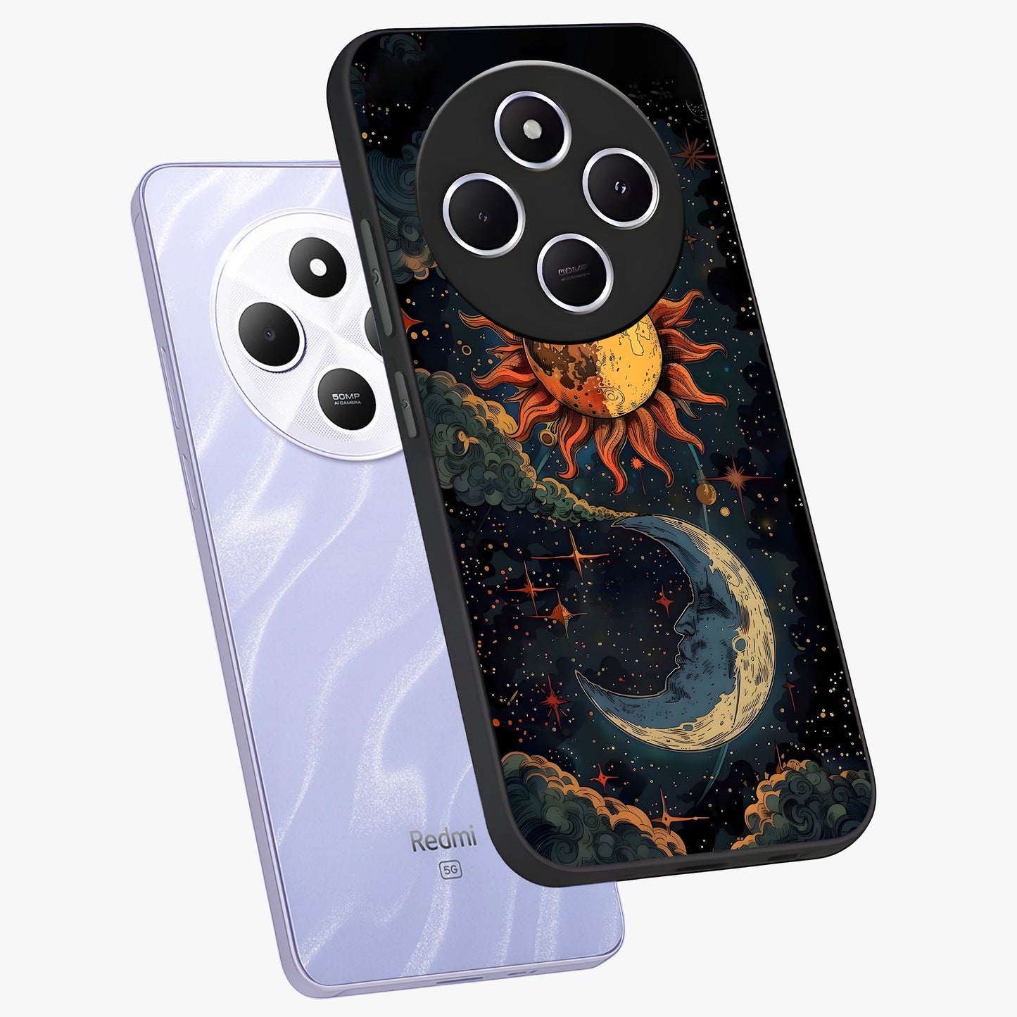 Sun And Moon Magic Design Glass Case displayed in angled mockup highlighting celestial design with magical cosmic aesthetic.