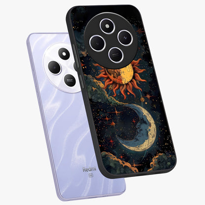 Sun And Moon Magic Design Glass Case displayed in angled mockup highlighting celestial design with magical cosmic aesthetic.