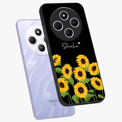 Sunflower Chic Mood Custom Name Glass Case displayed in angled mockup highlighting vibrant sunflower design with custom name feature.