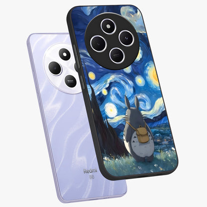 Totoro In Van Gogh Art Glass Case displayed in angled mockup highlighting artistic swirling sky design with playful animation aesthetic.