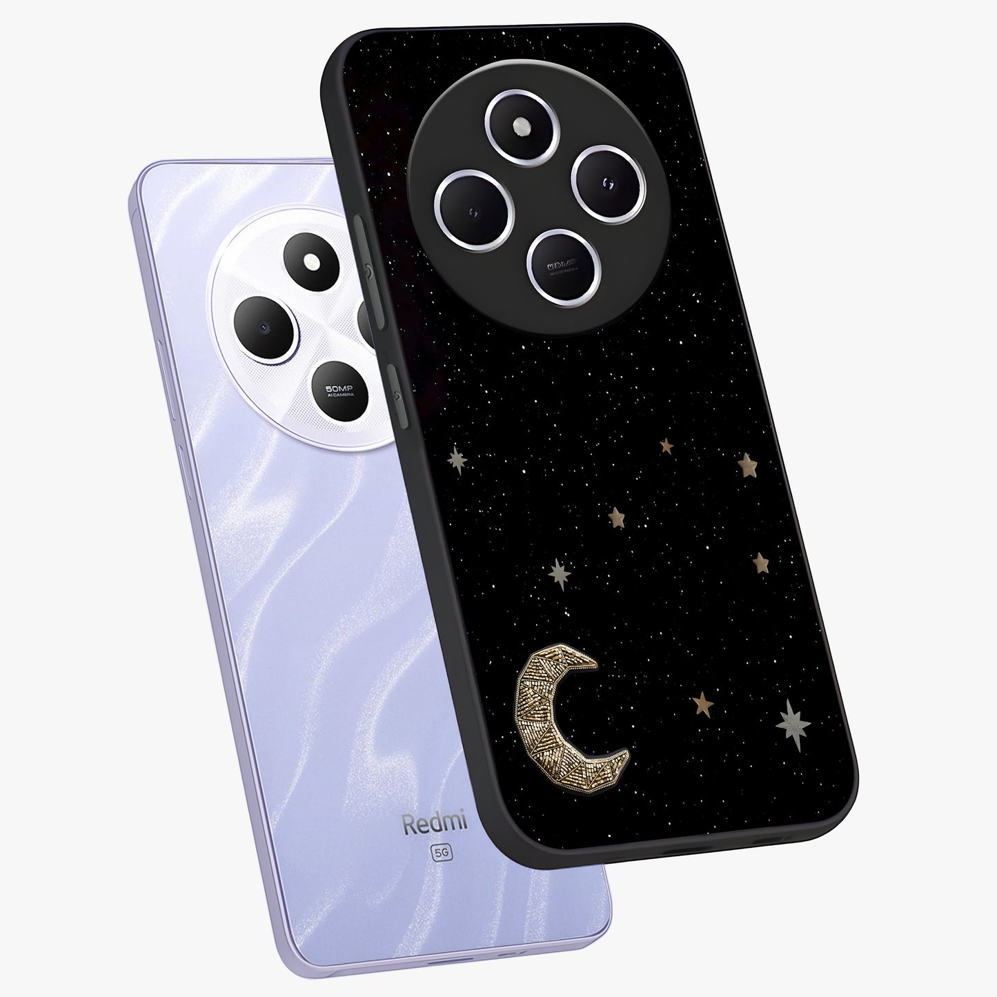 Twinkle Star With Half Moon Glass Case displayed in angled mockup highlighting celestial moon and star design with magical aesthetic.