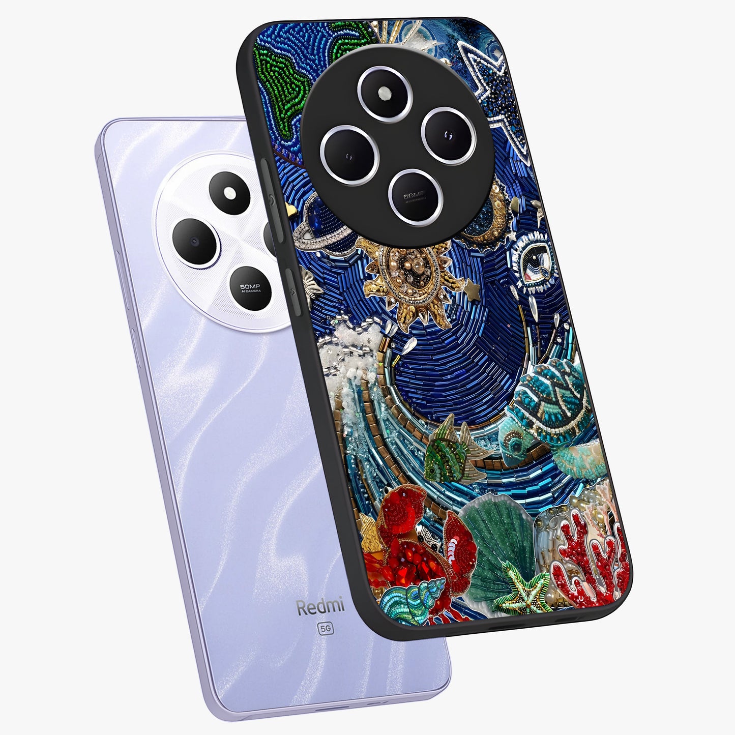 Universe Underwater Spark Glass Case displayed in angled mockup highlighting glowing aquatic design with celestial aesthetic.